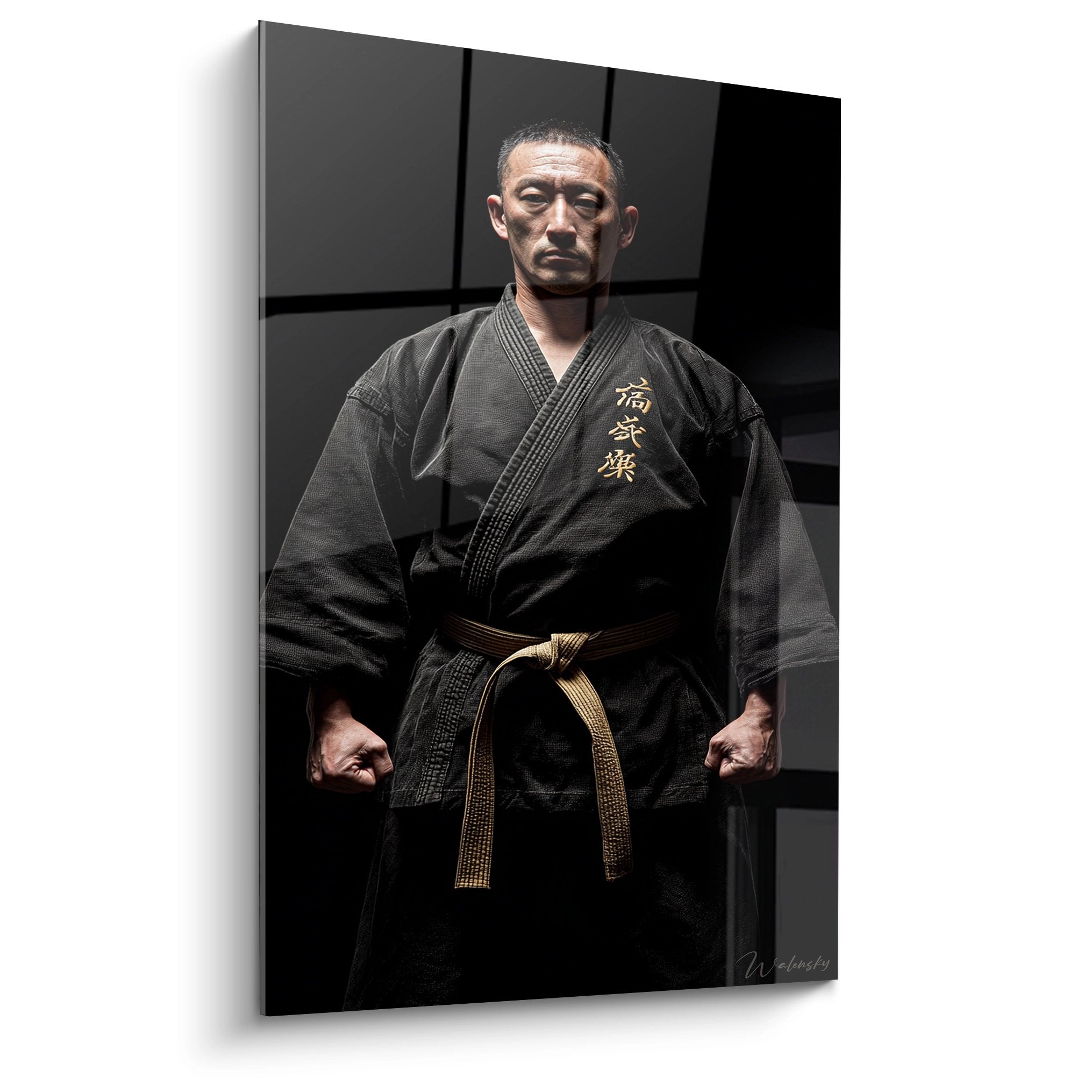 Tableau portrait maitre karate ceinture noire en kimono traditionnel noir avec caracteres japonais dores