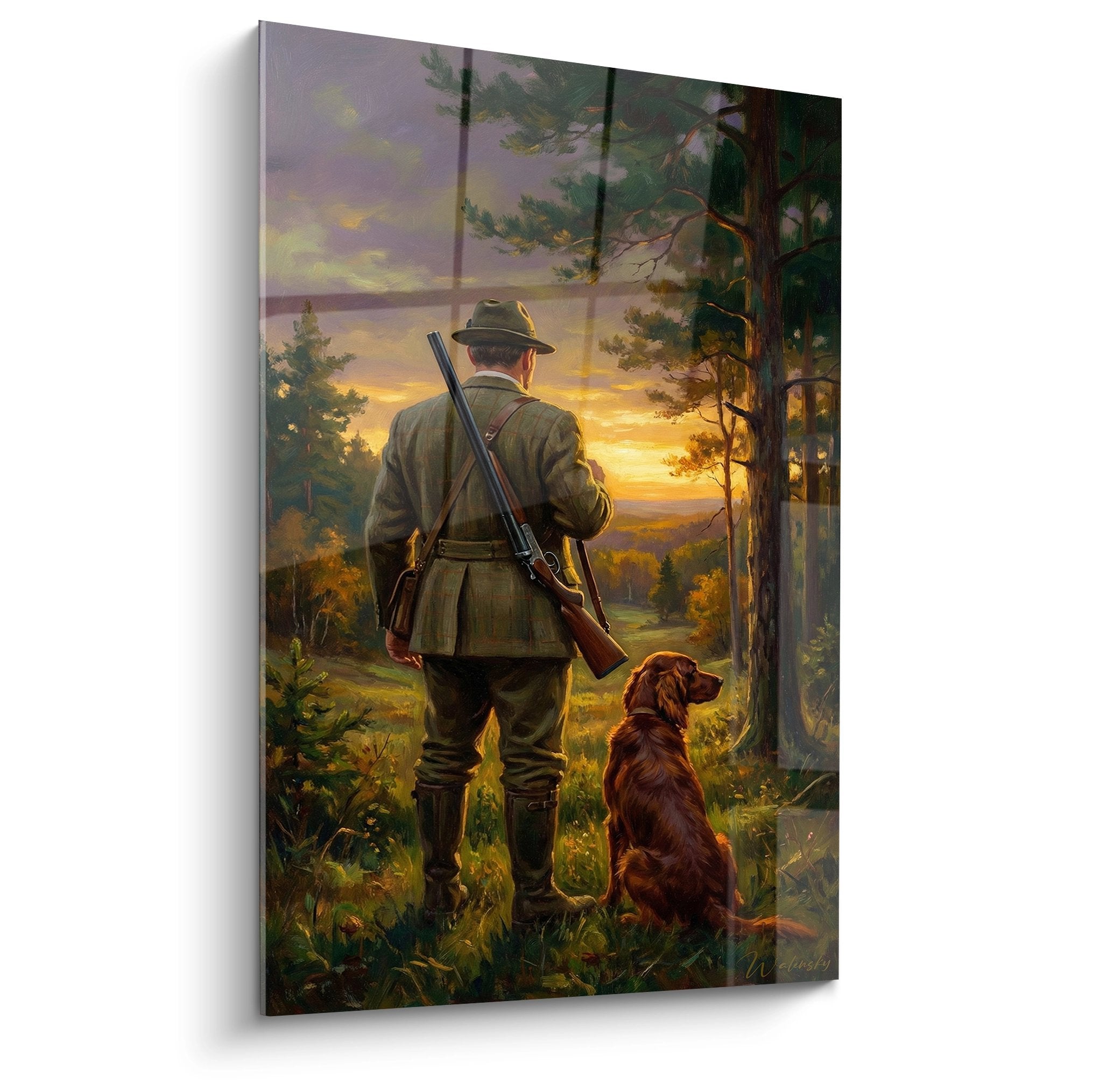 Tableau chasseur avec chien au coucher de soleil en forêt, art mural chasse traditionnelle