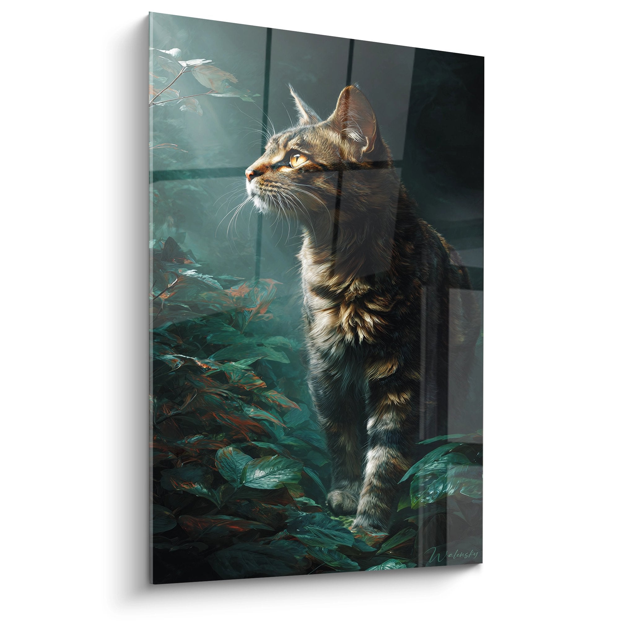 Artistic portrait of a contemplative Sokoke cat surrounded by lush vegetation