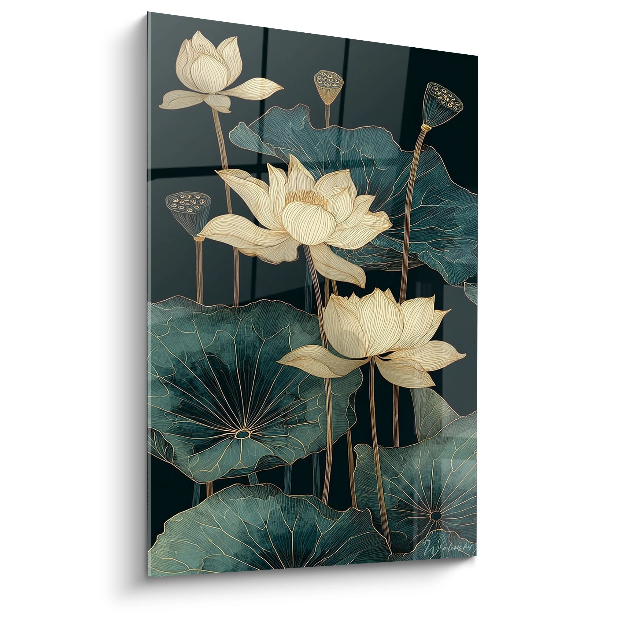 Quadro art déco loti dorati su fondo verde con foglie di ninfea e capsule stilizzate