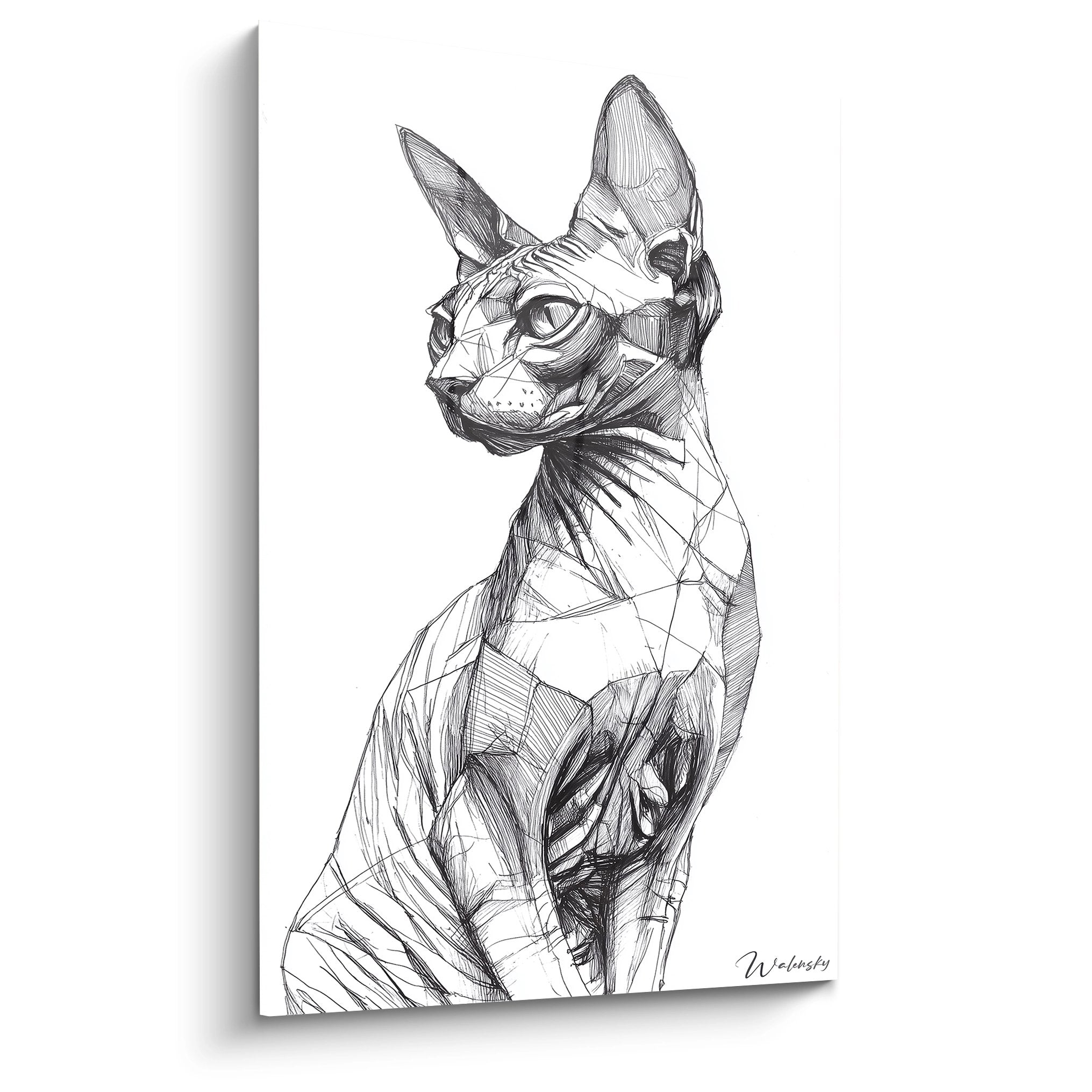 Tableau esquisse chat Sphynx noir et blanc, portrait artistique détaillé avec technique de hachures sur toile