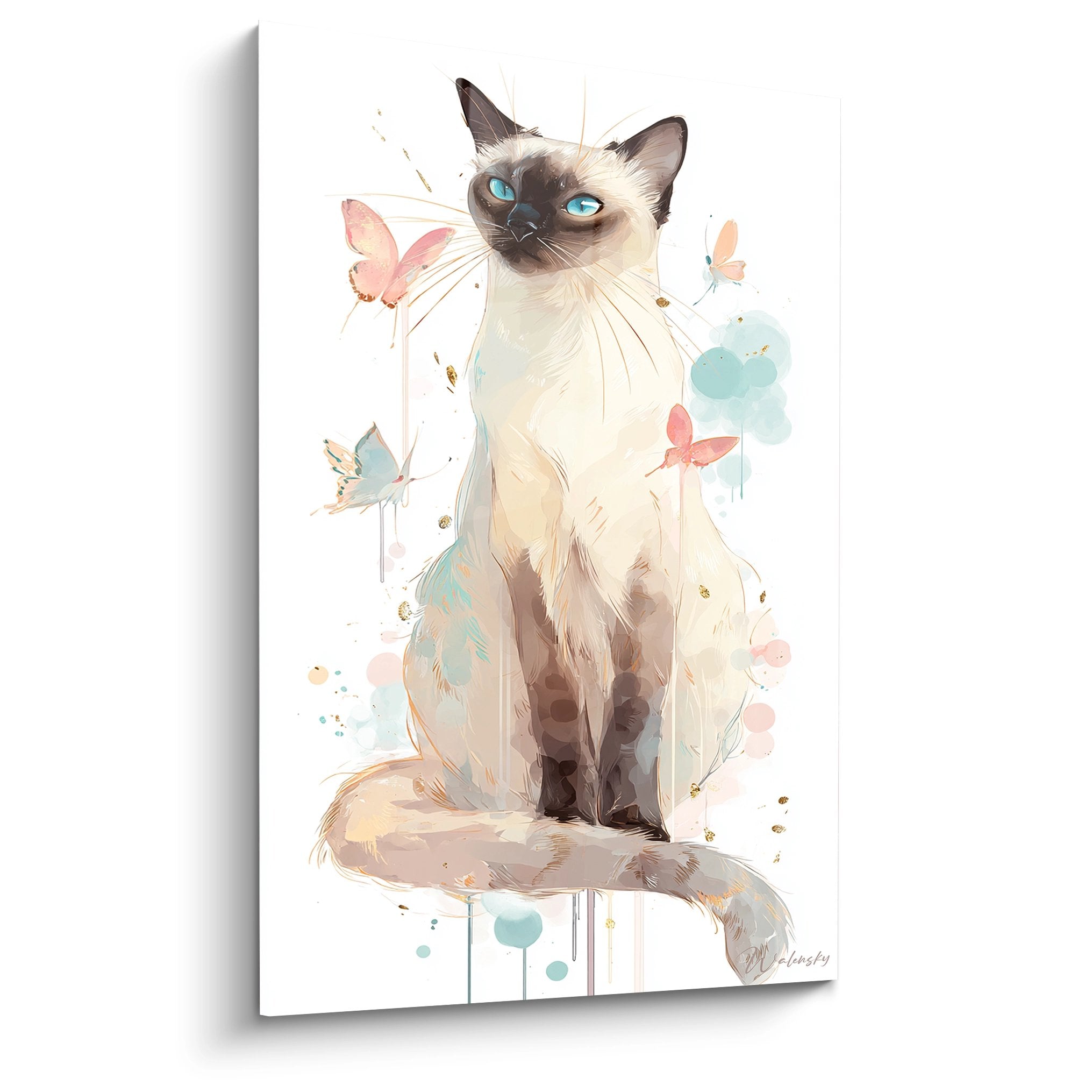 Tableau aquarelle chat Balinais aux yeux bleus avec papillons colorés et éclaboussures artistiques