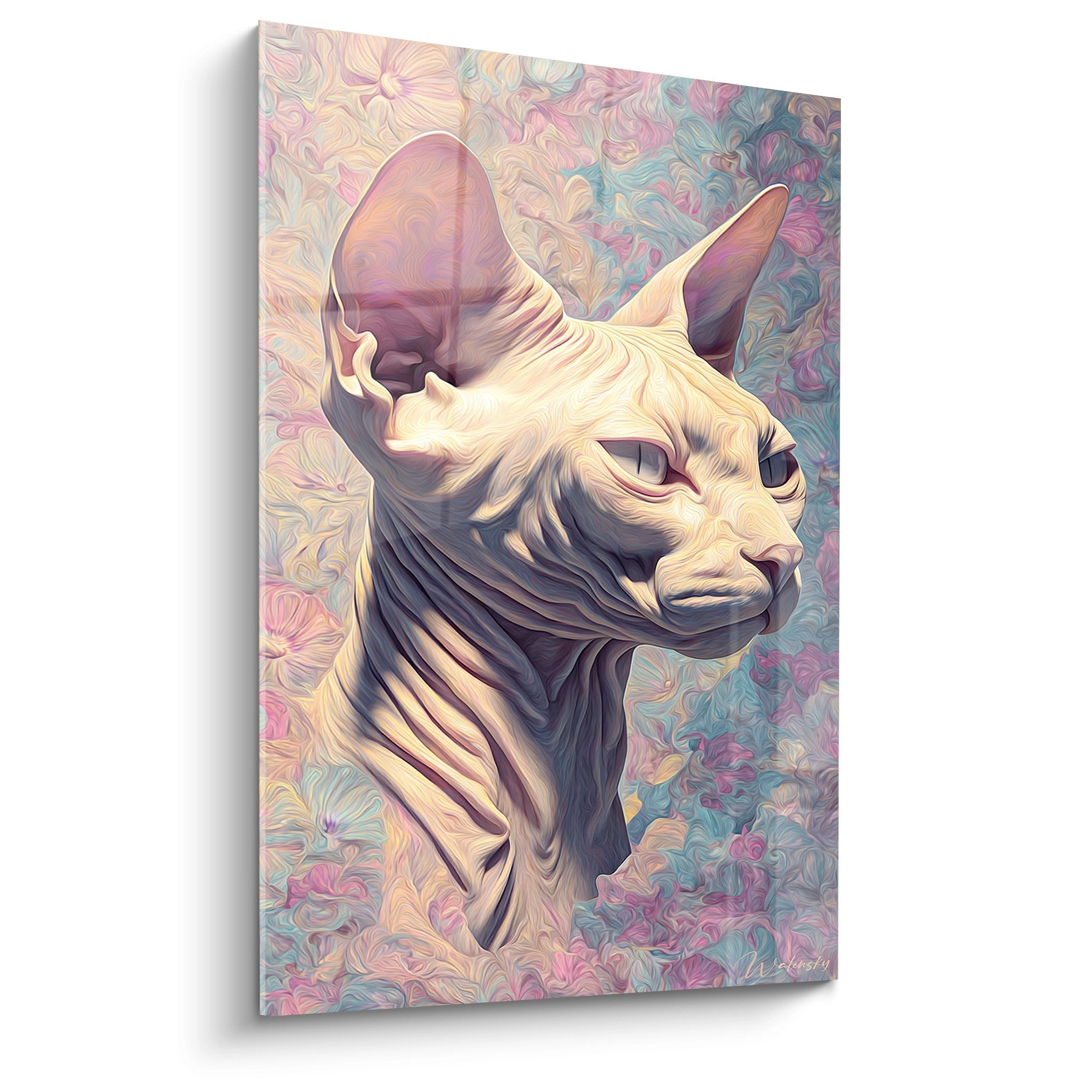 Quadro artistico di un gatto Sphynx di profilo con colori pastello e sfondo floreale decorativo