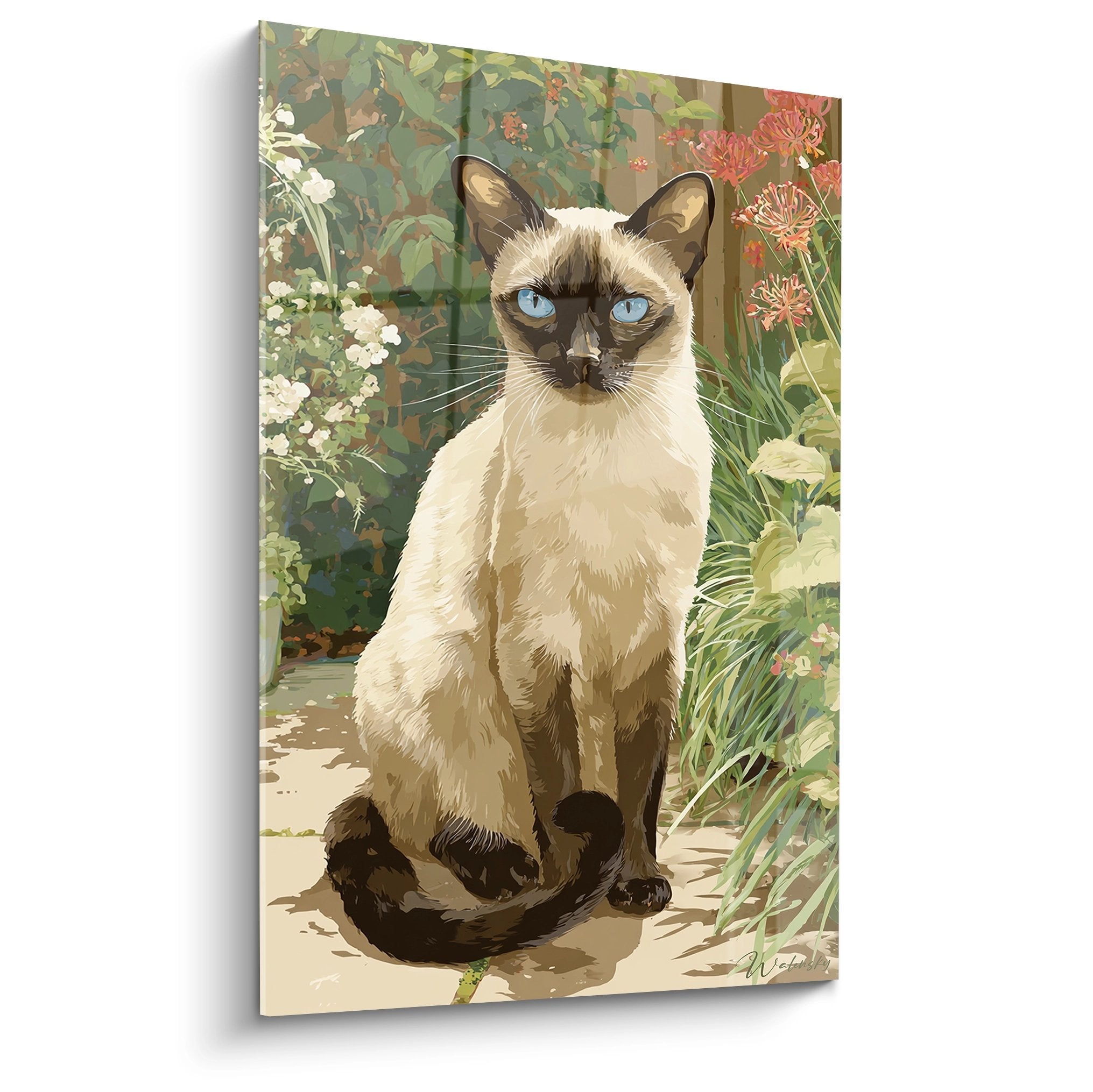 Quadro murale gatto siamese con occhi blu seduto in giardino fiorito con vegetazione rigogliosa