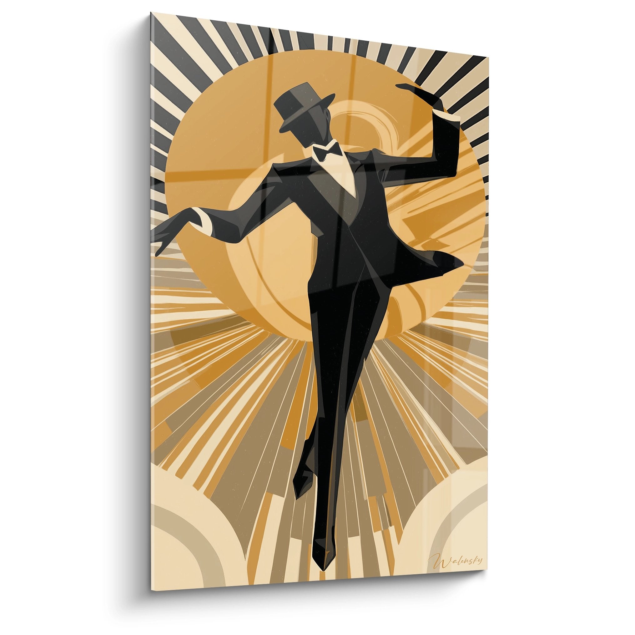 Quadro art déco raffigurante un elegante ballerino in smoking nero su sfondo di raggi dorati geometrici