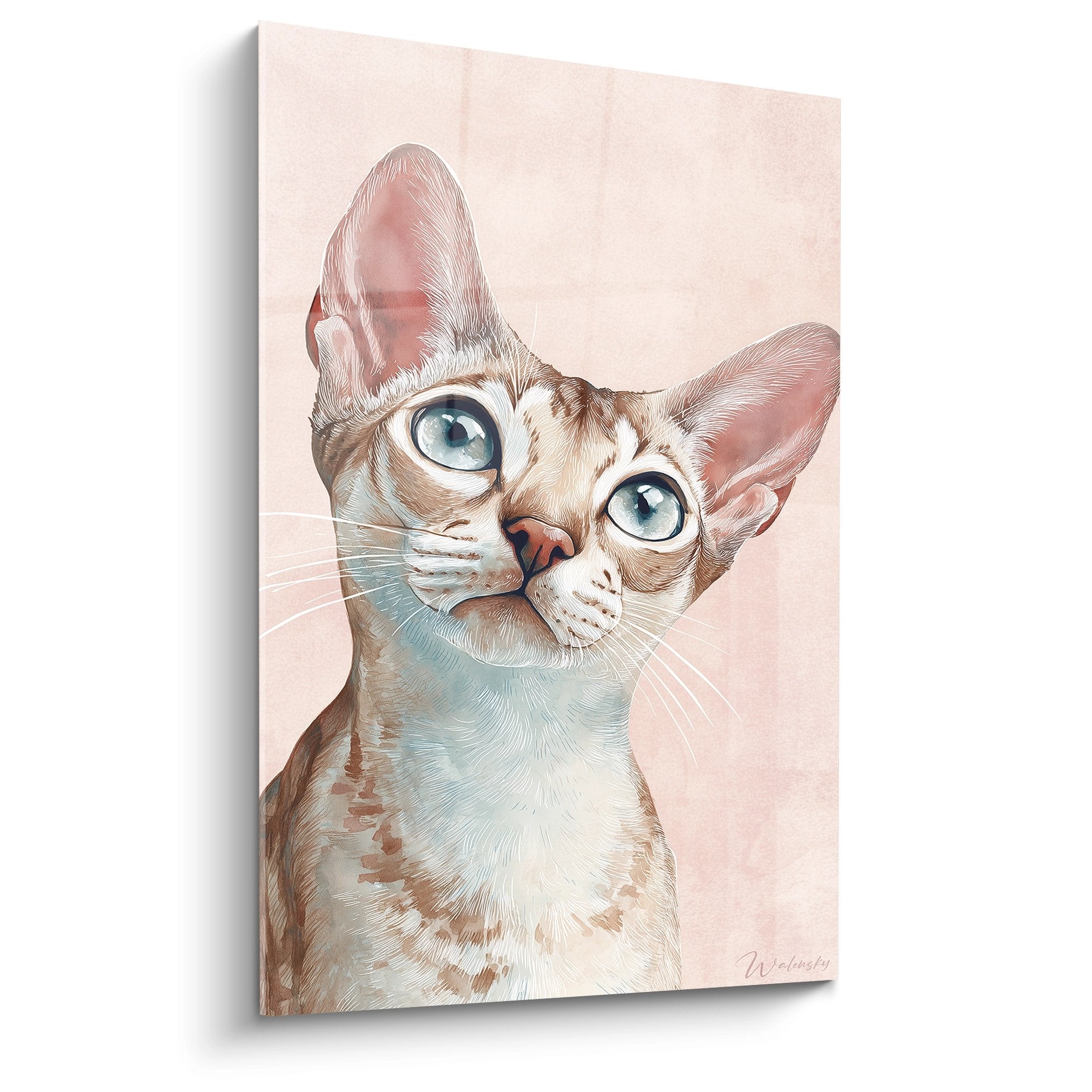 Tableau artistique chat Singapura aux yeux bleus perçants sur fond rose pastel, style contemporain