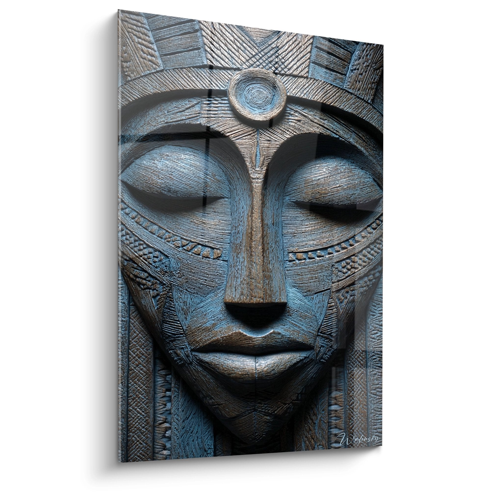 Quadro da parete maschera africana scolpita nei toni blu e grigio con motivi geometrici tradizionali