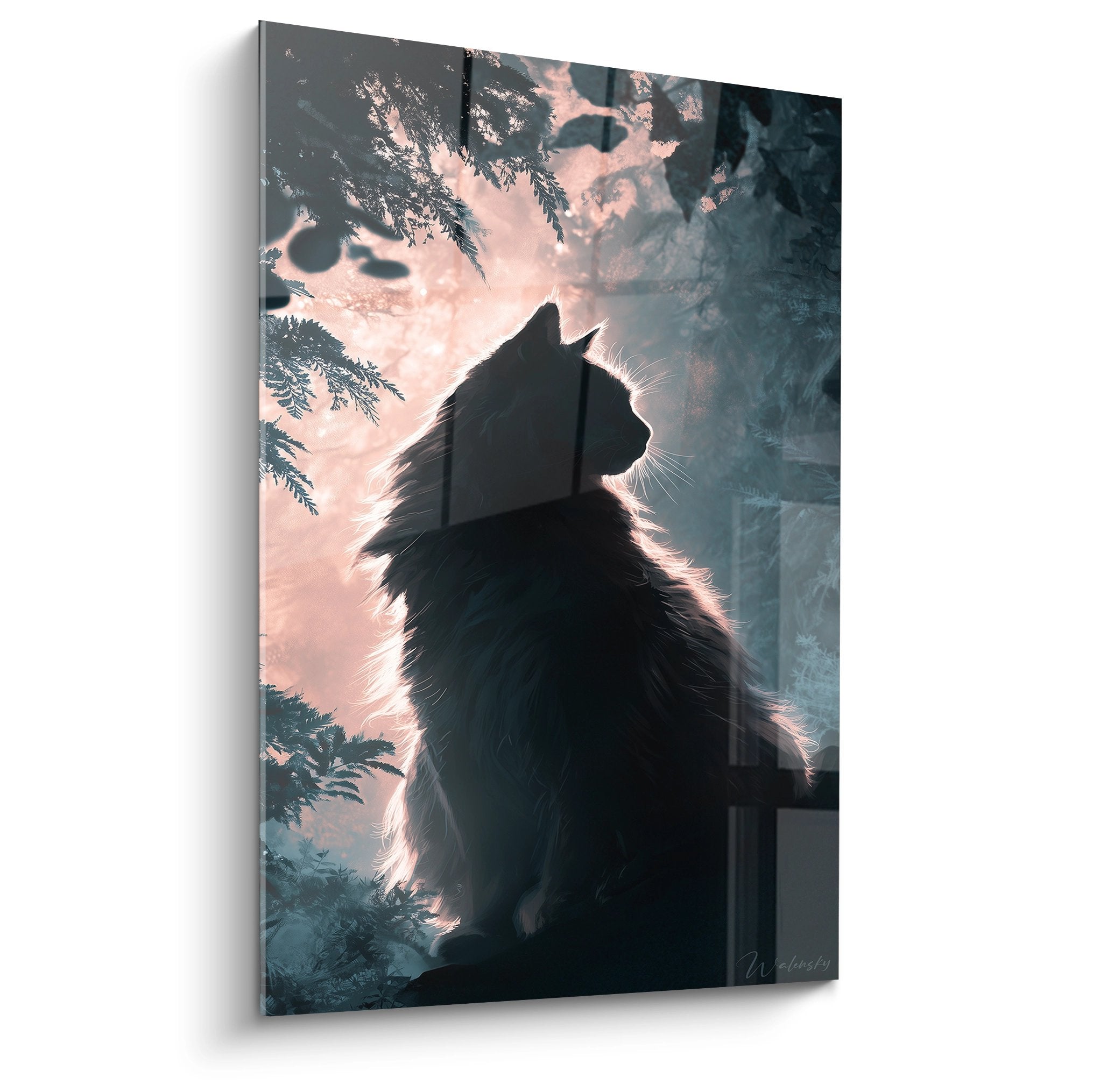 Tableau chat sibérien silhouette crépuscule lumière dorée forêt art mural félin decoration