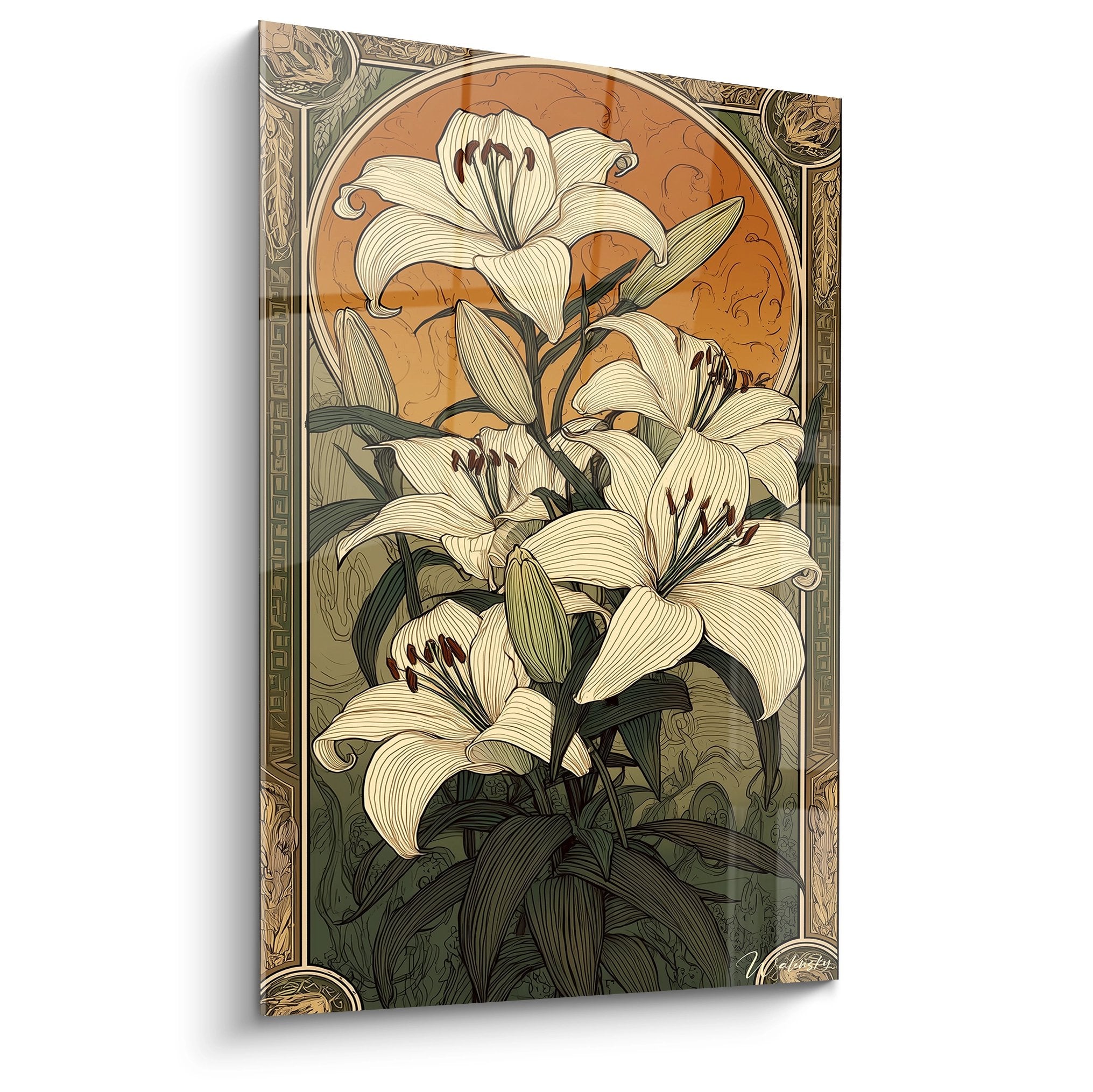 Tableau art déco aux lys blancs élégants sur fond orangé avec encadrement décoratif doré et motifs floraux