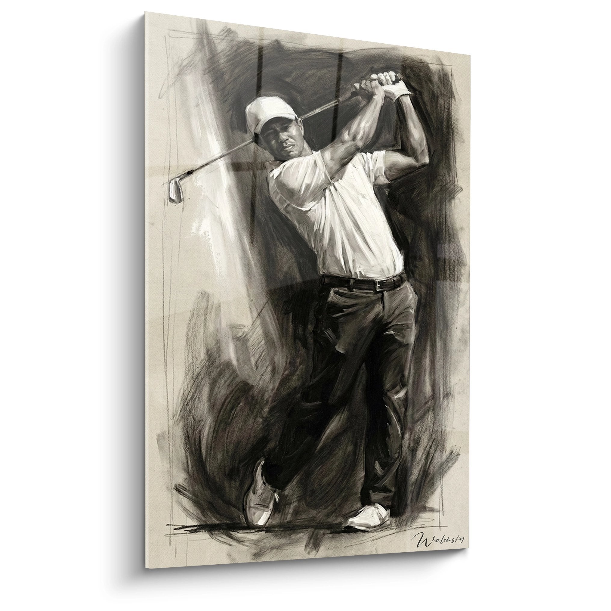 Tableau golf representant un golfeur en plein swing dynamique, peinture noir et blanc style artistique