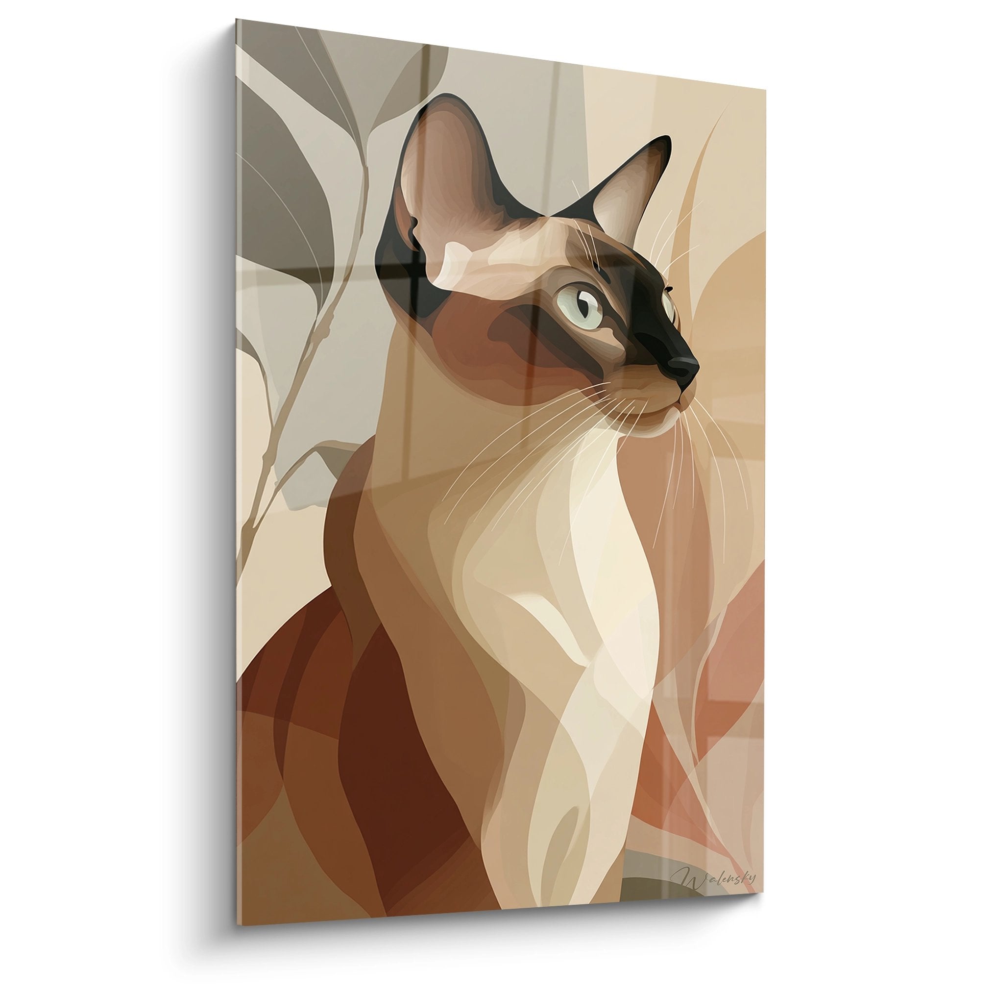 Tableau moderne chat Singapura style abstrait géométrique tons beiges et ocres décoration murale