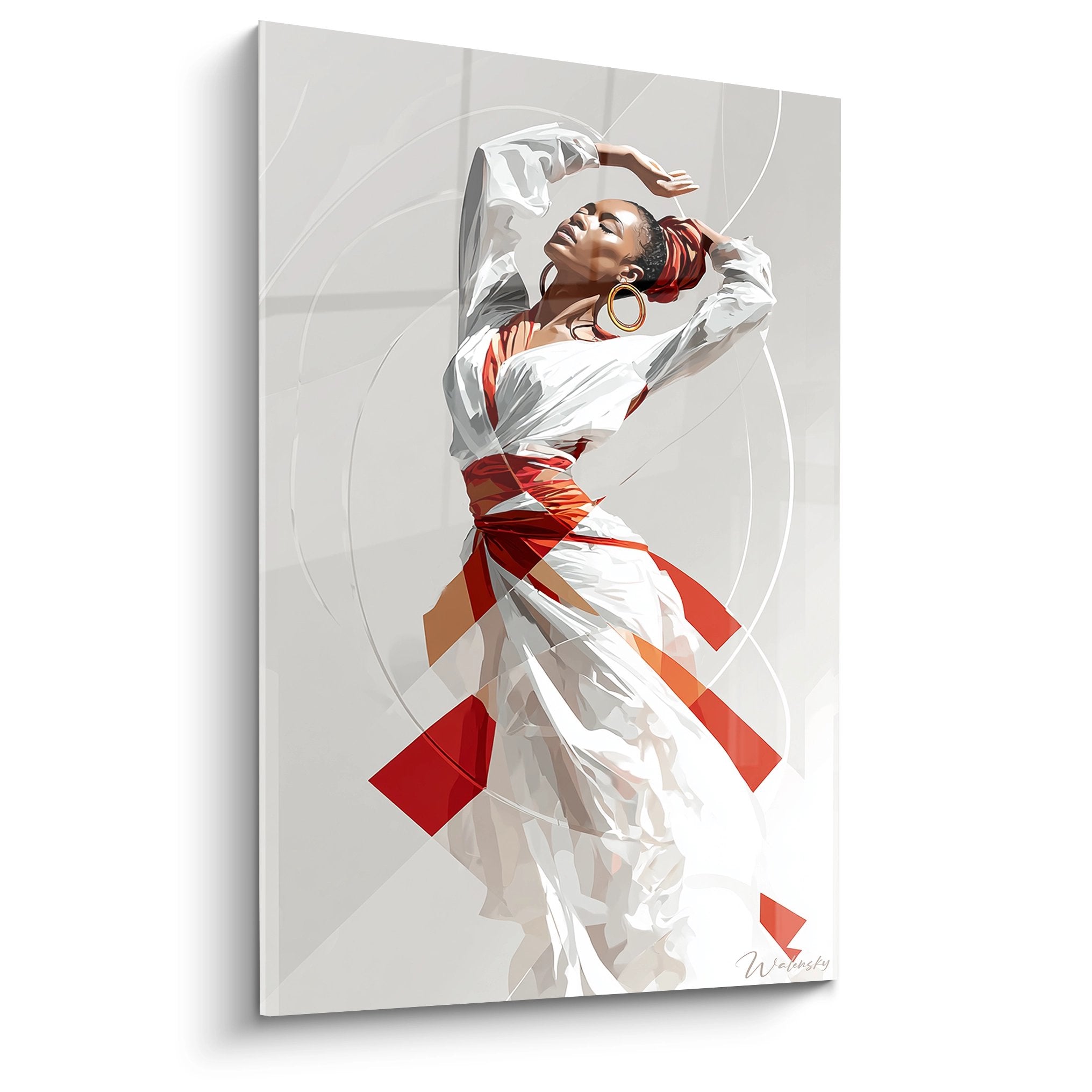 Quadro moderno di una donna africana danzante in abito rosso e bianco su sfondo geometrico beige