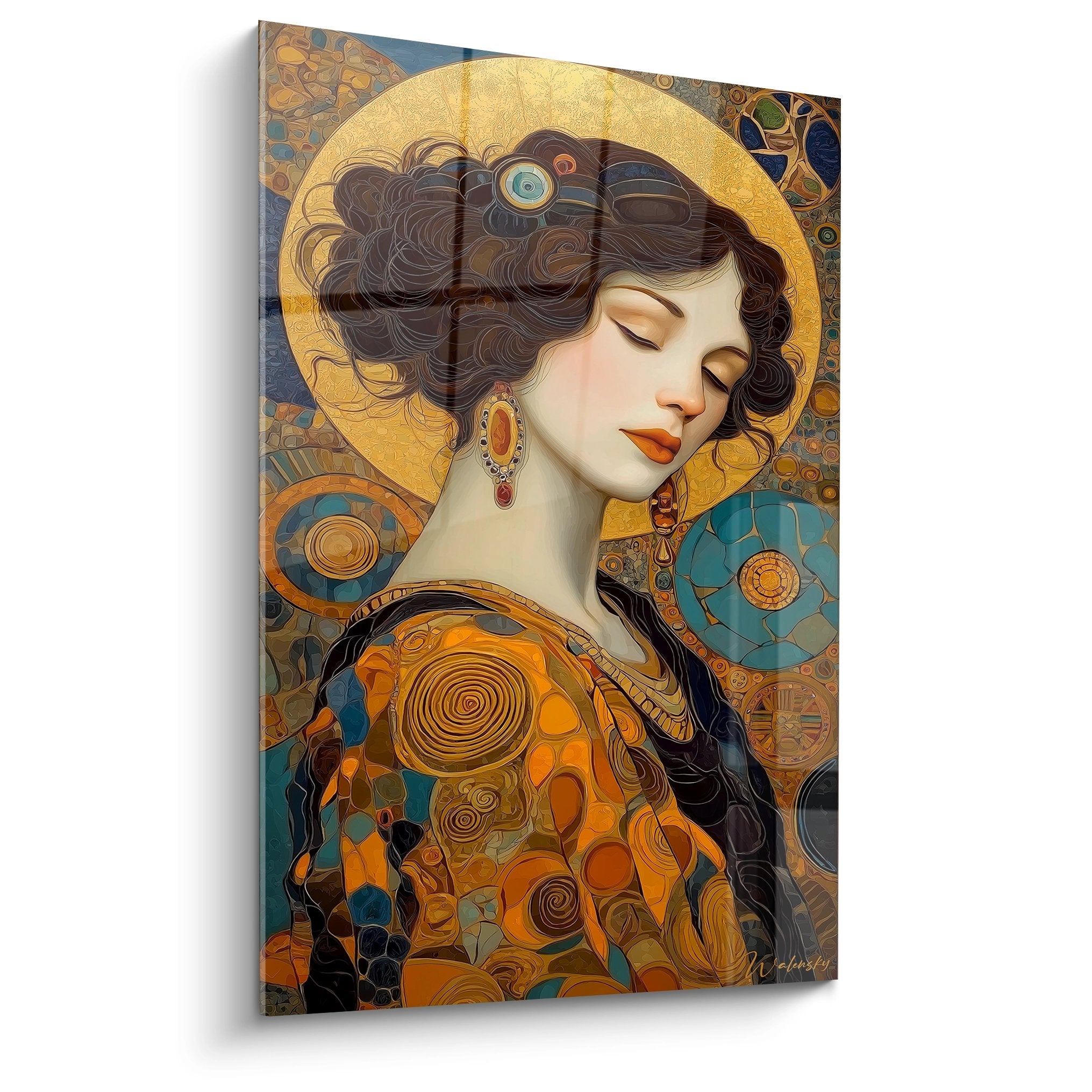 Quadro Art Nouveau donna con spirali dorate e motivi decorativi stile Klimt su tela