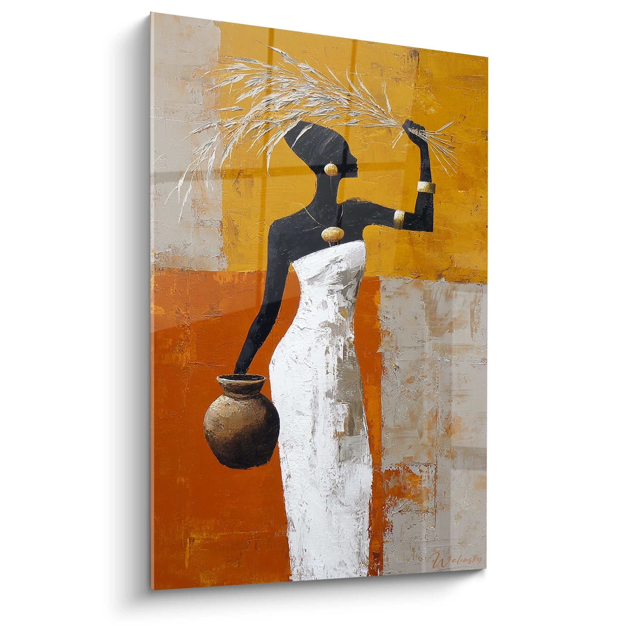 Tableau art africain femme porteuse d'eau aux tons dores et ocre sur toile decorative murale