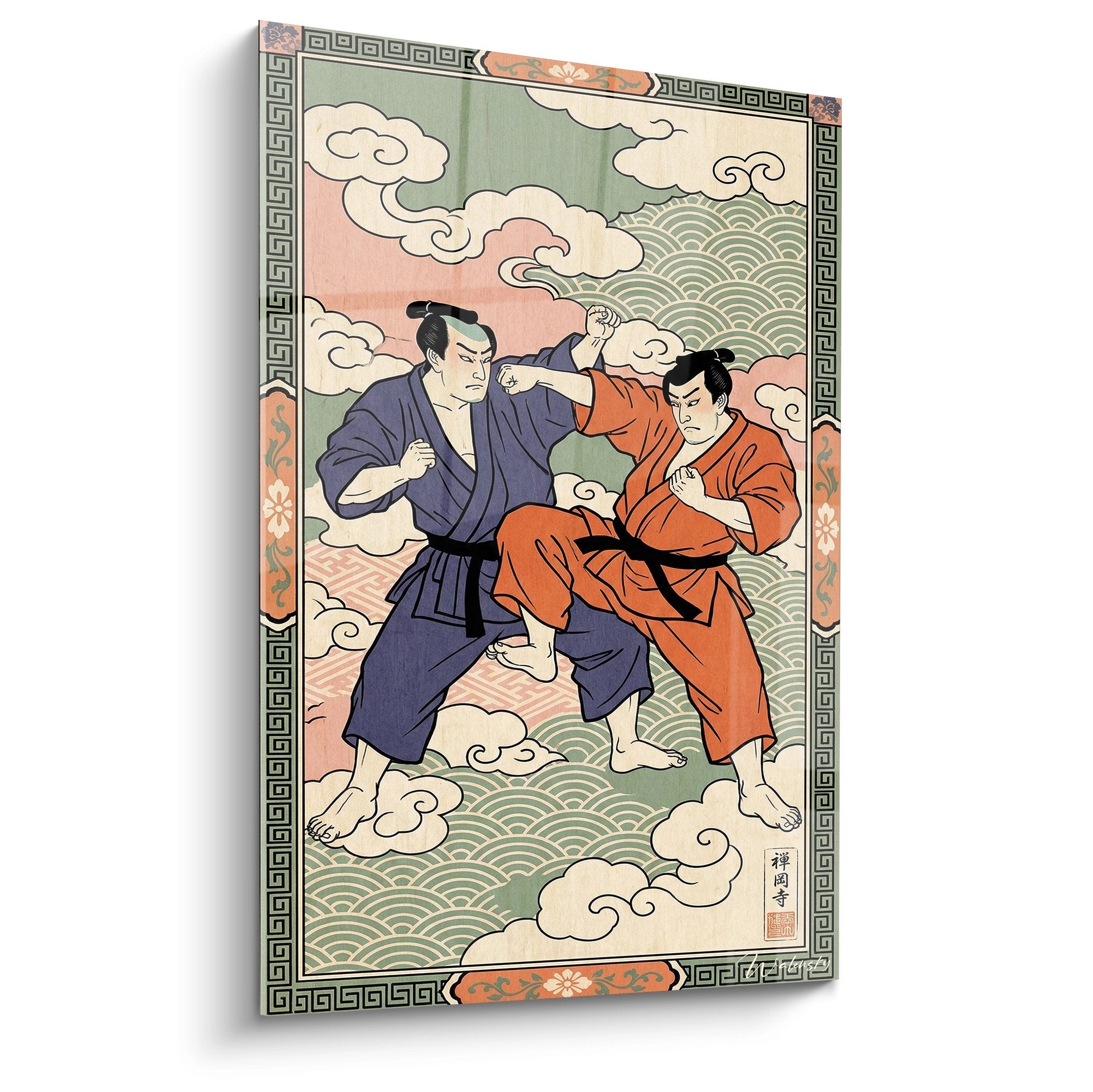 Tableau karaté montrant deux maîtres en combat dans les nuages, style japonais traditionnel avec kimonos bleu et orange