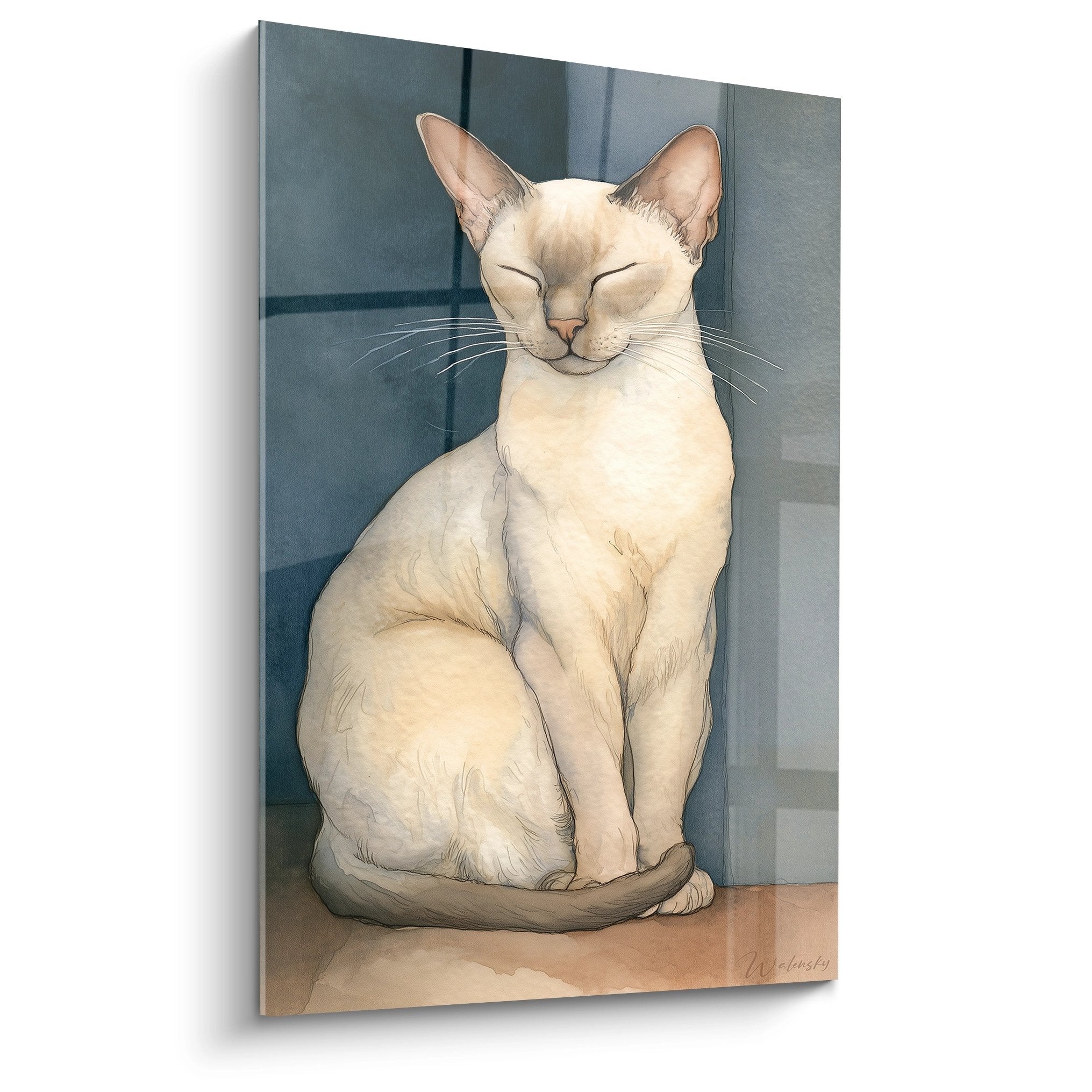 Tableau artistique chat Tonkinois crème en position de méditation, yeux fermés, style contemporain apaisant