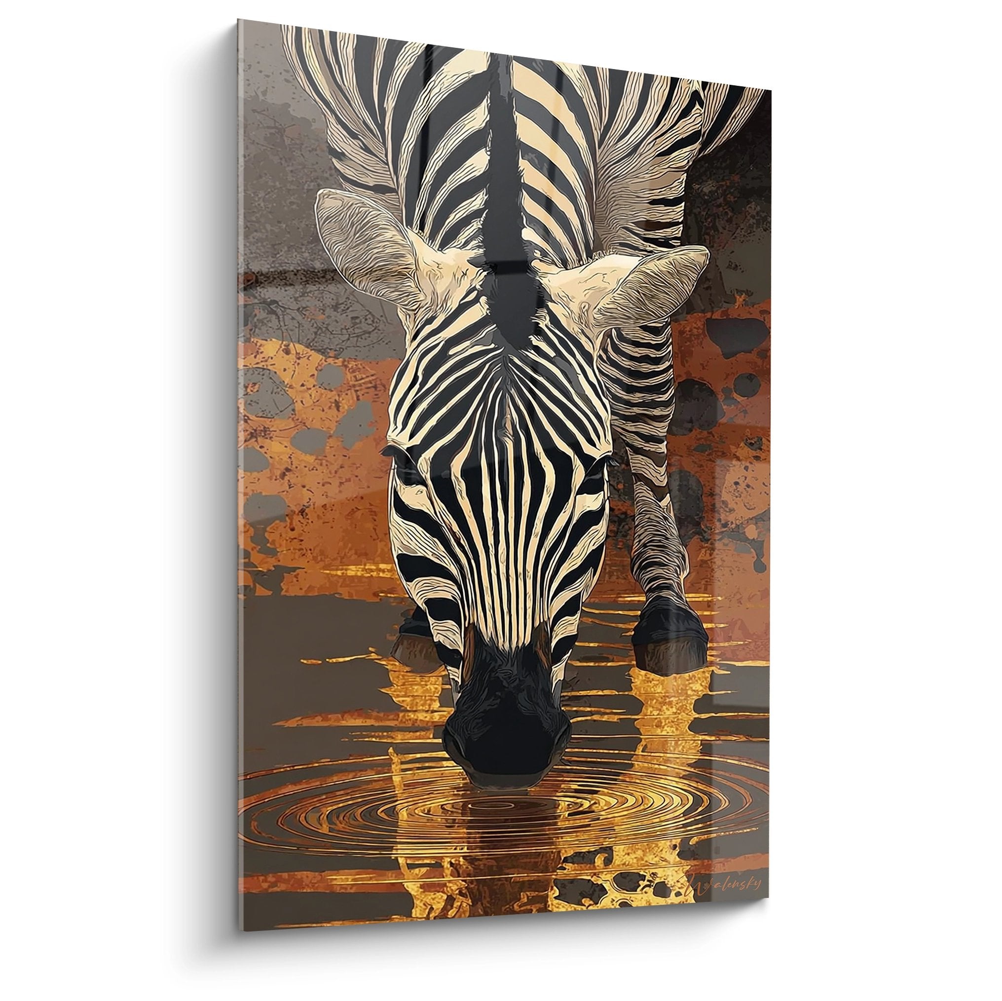 Tableau artistique zebre buvant eau doree reflets cercles concentrique style moderne art animalier africain