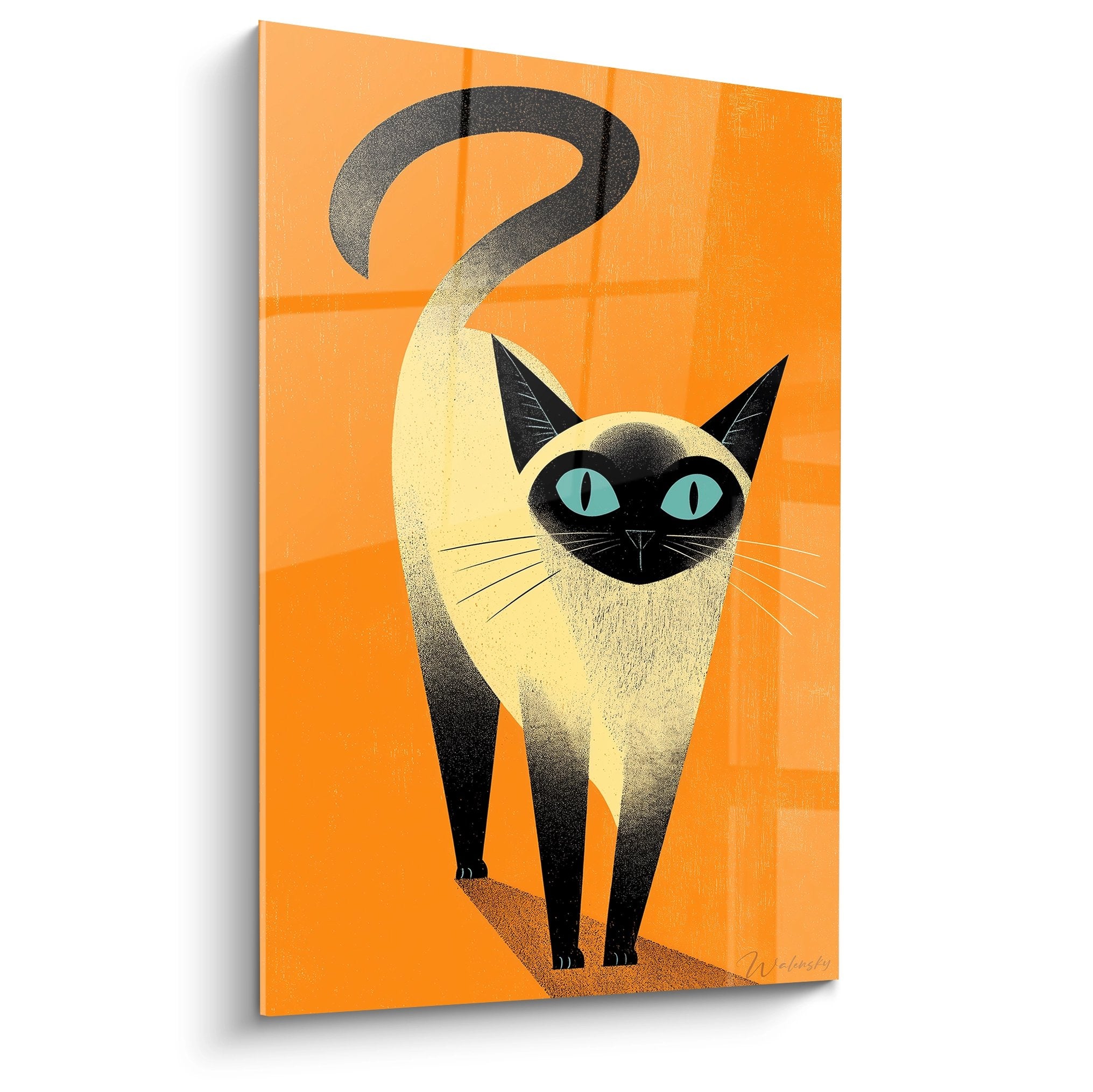 Quadro moderno che raffigura un gatto siamese stilizzato con occhi turchesi su sfondo arancione vivace