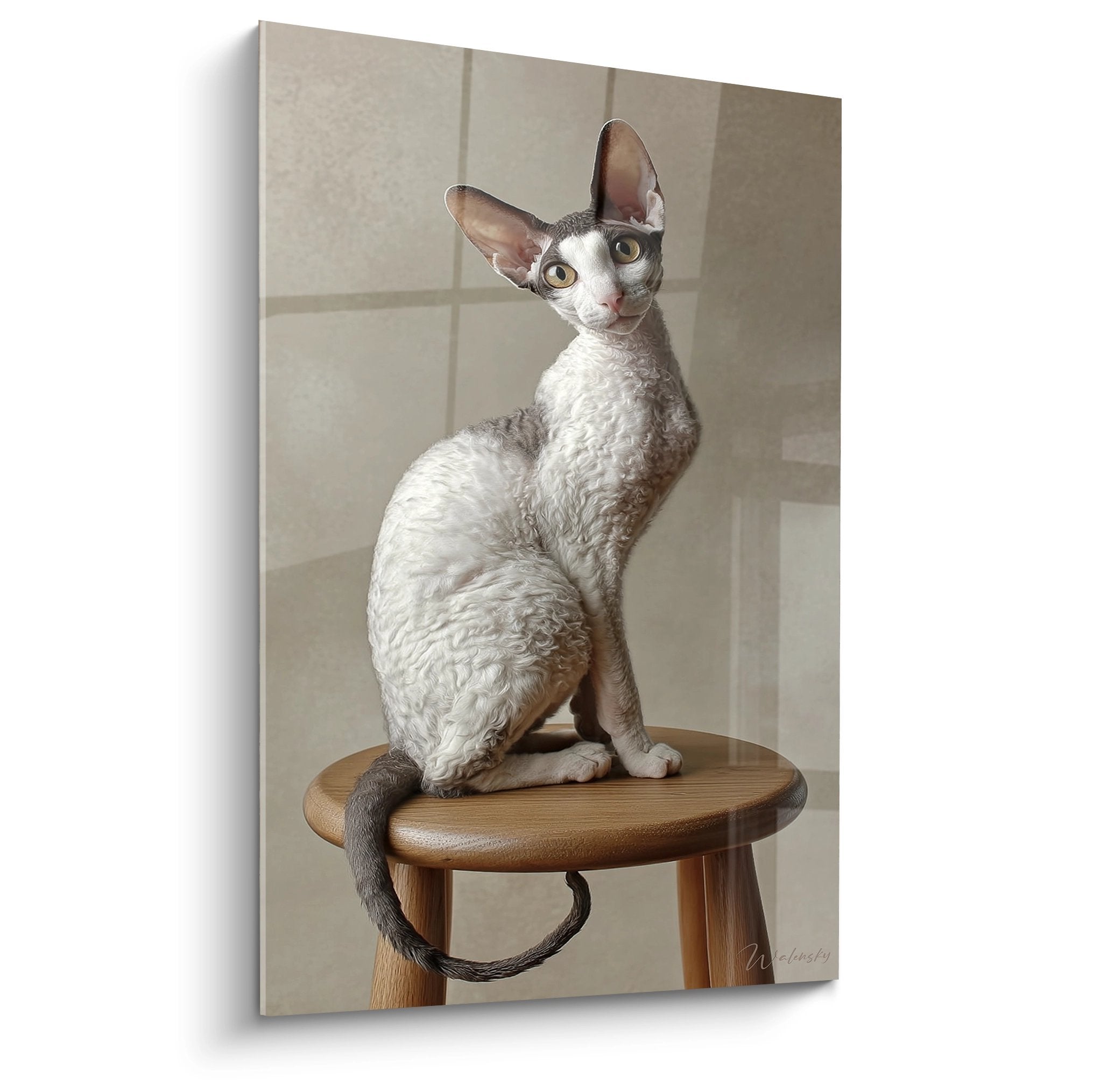 Quadro gatto Cornish Rex bianco con occhi dorati posato elegantemente su sgabello in legno, ritratto felino artistico