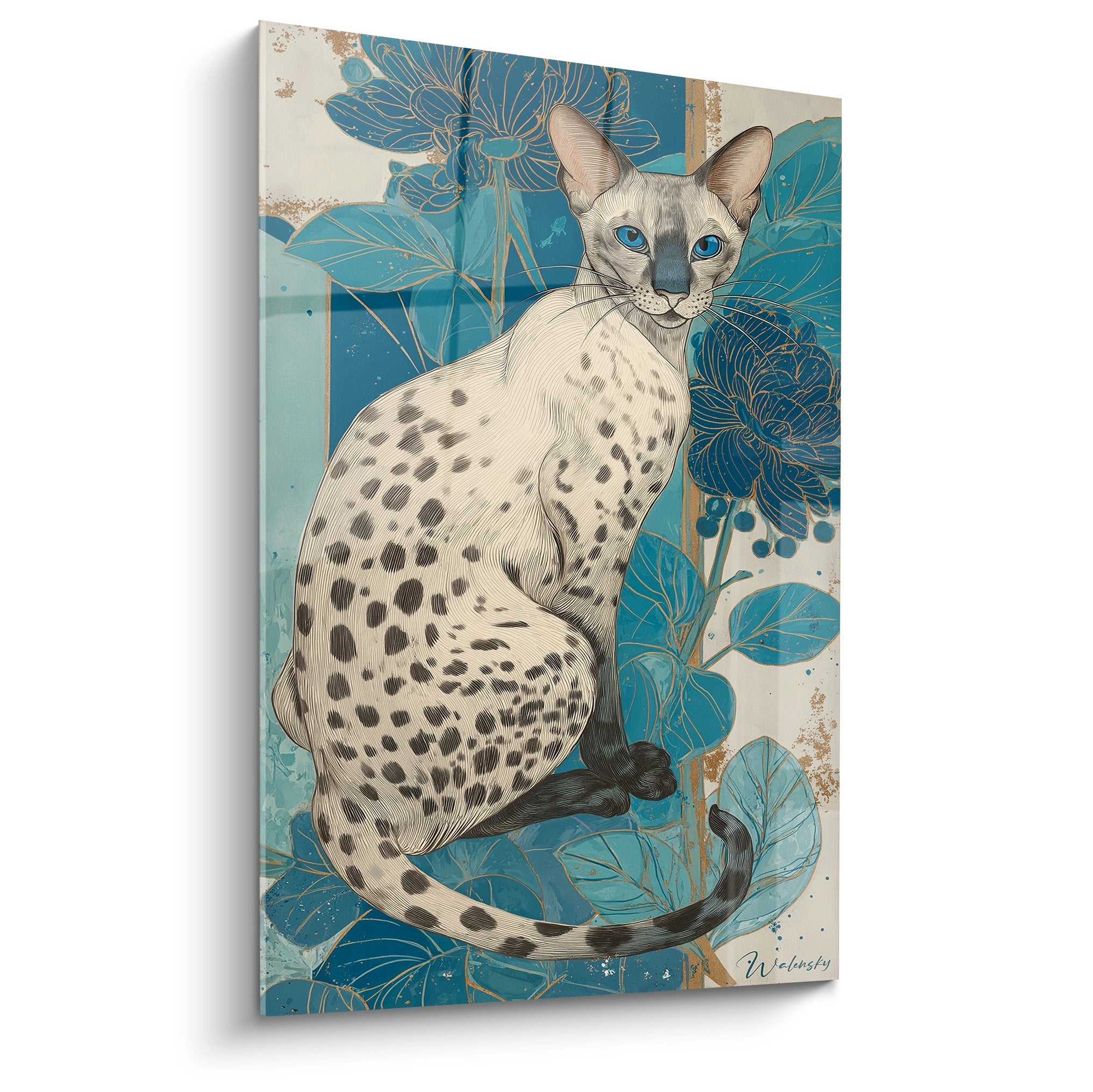 Quadro arte murale gatto Serengeti con occhi blu in arredamento tropicale blu e crema, stile artistico contemporaneo