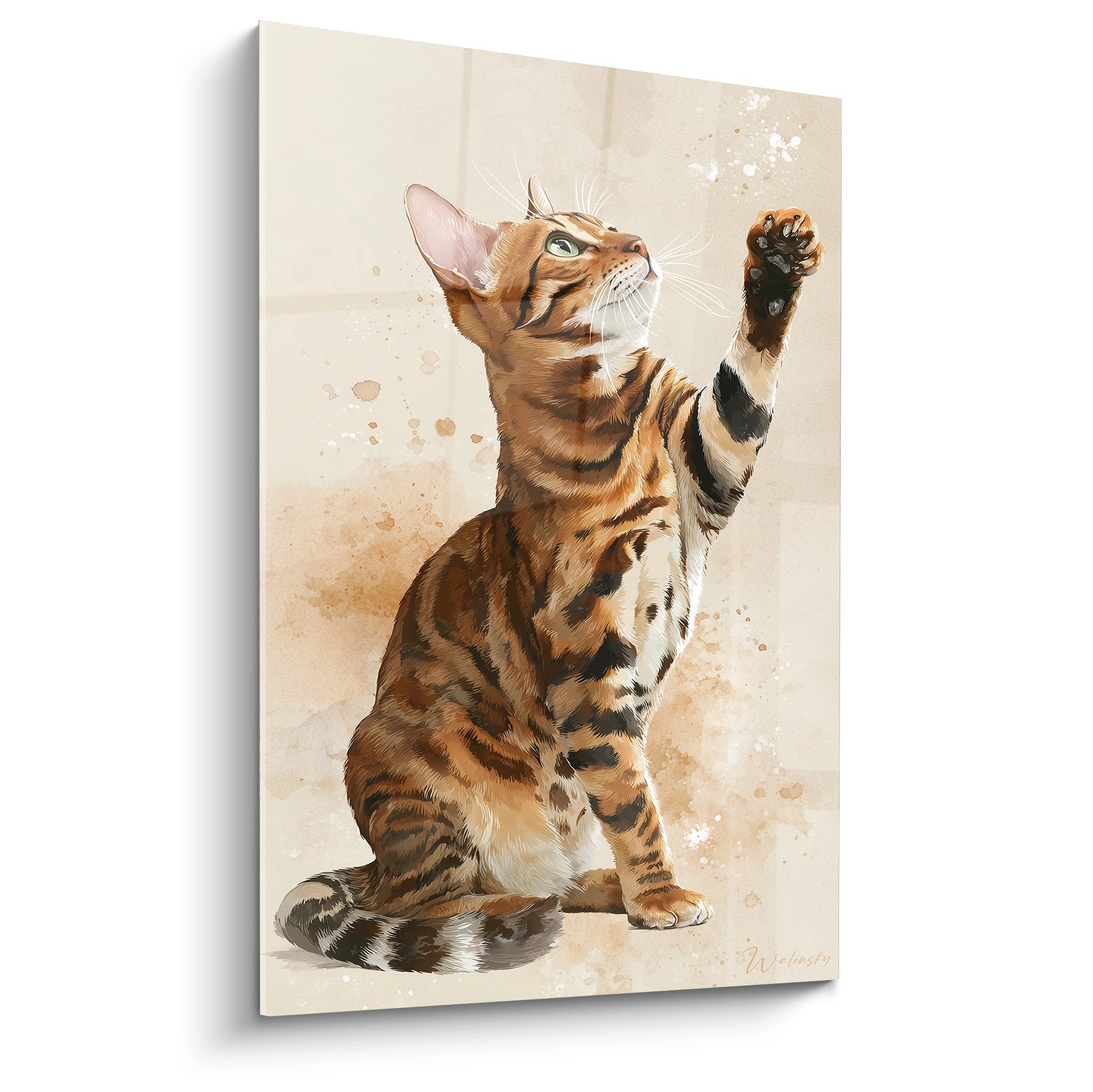 Tableau artistique d'un chat Bengal orange levant sa patte vers le ciel sur fond beige clair