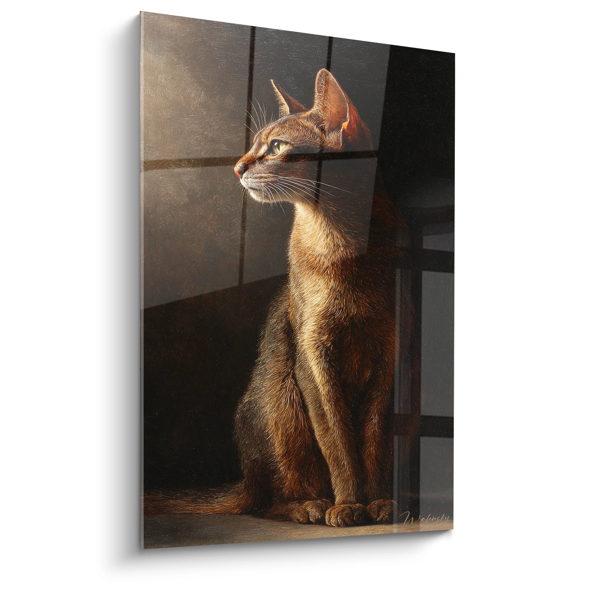 Quadro murale che raffigura un gatto Abissino rosso in posizione seduta che guarda verso la luce