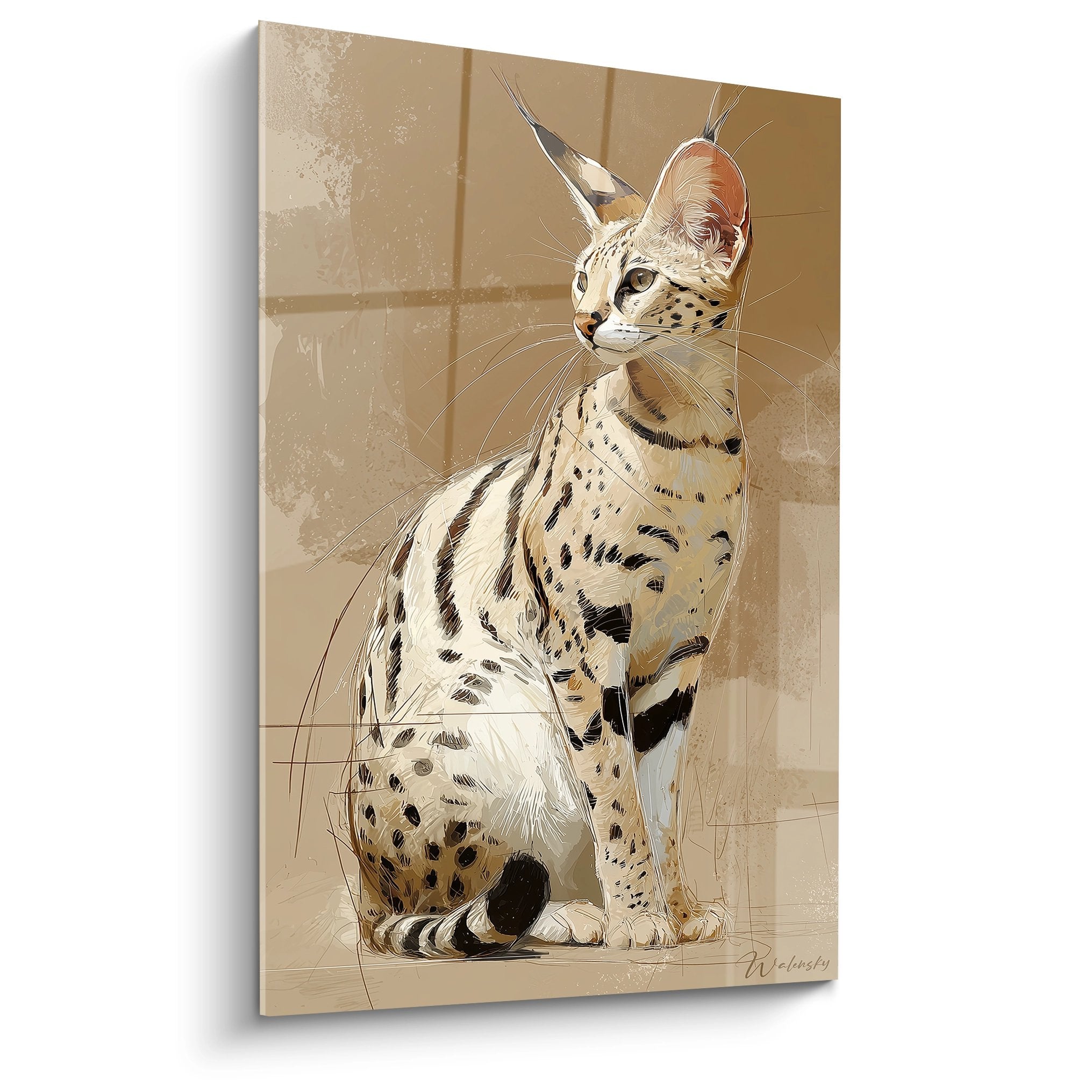 Tableau artistique chat Savannah assis avec taches leopard sur fond beige ocre style contemporain