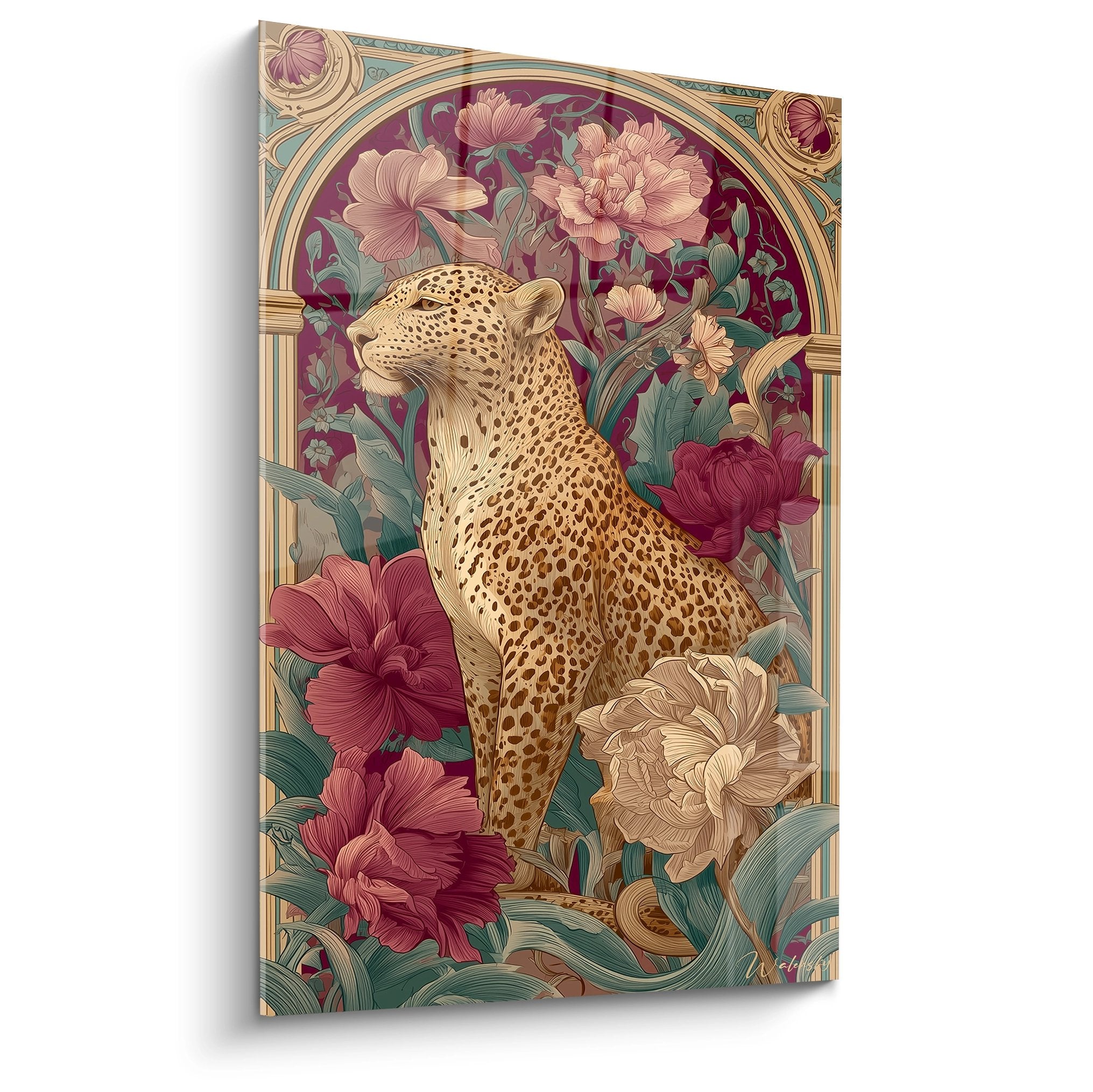 Quadro art déco leopardo maestoso circondato da peonie colorate in cornice dorata stile anni '20