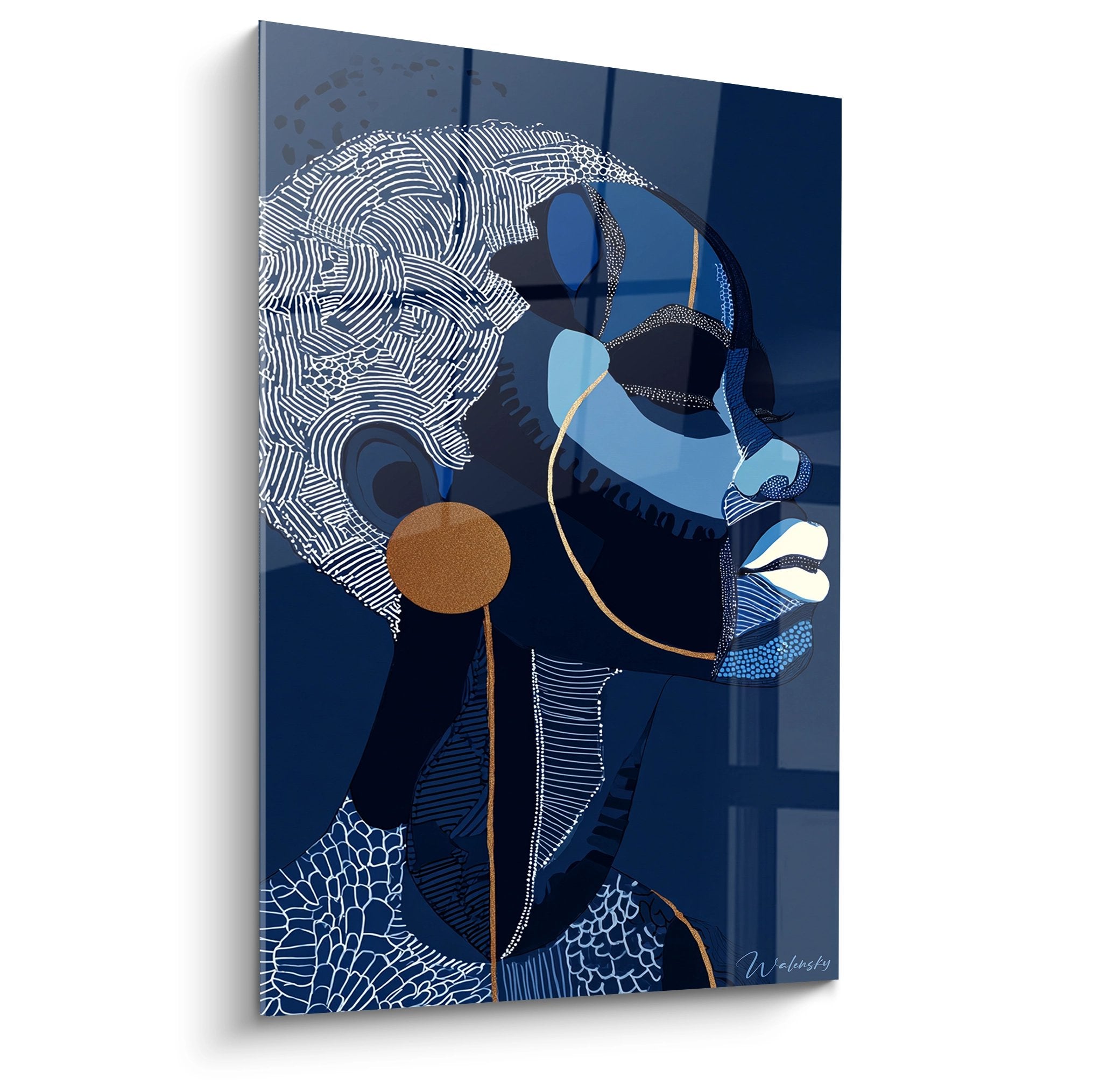 Quadro moderno profilo donna africana motivi geometrici blu e dorati arte contemporanea murale