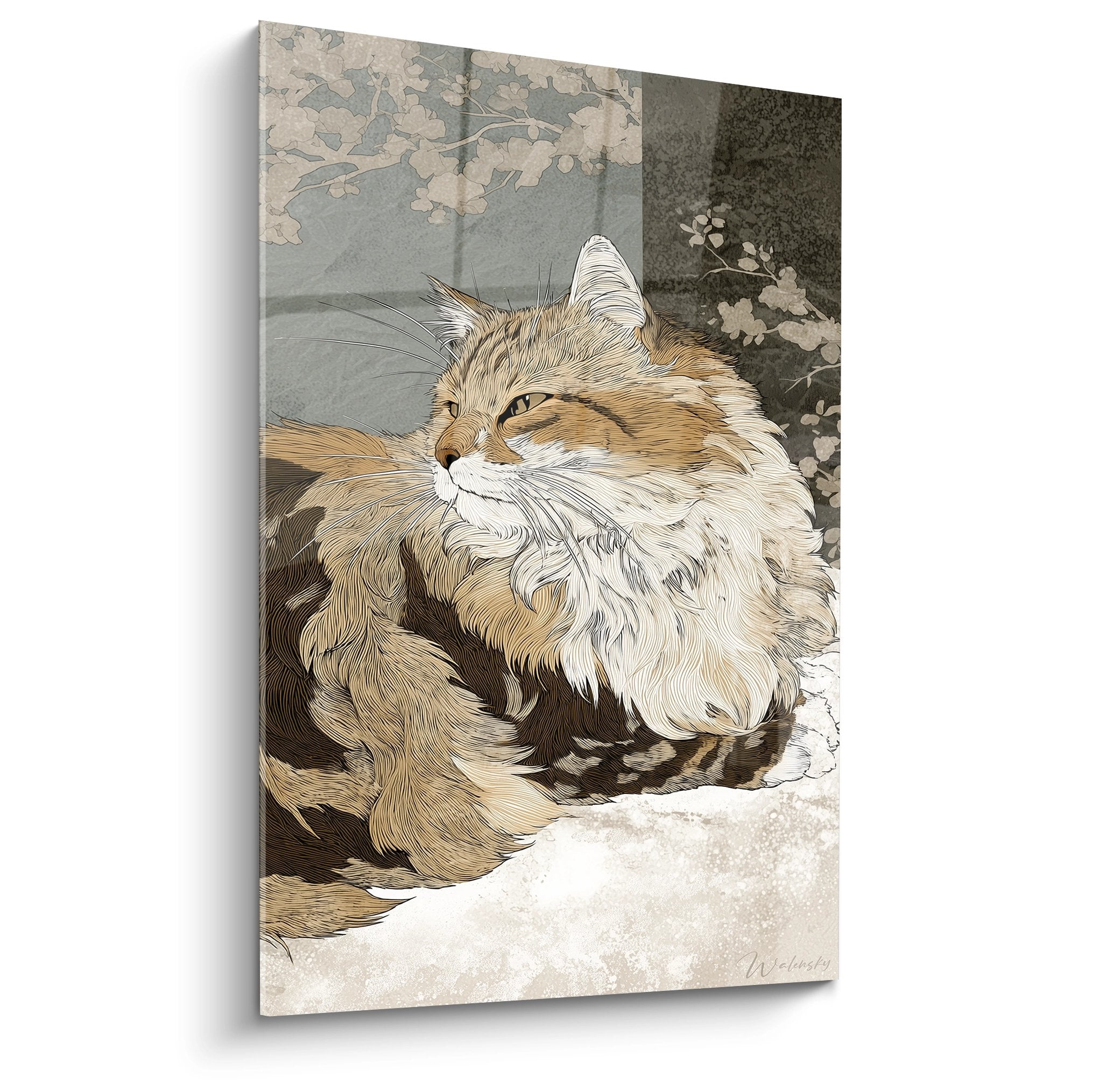 Wall art canvas depicting a sleeping ginger and white Siberian cat beneath blooming cherry blossom branches