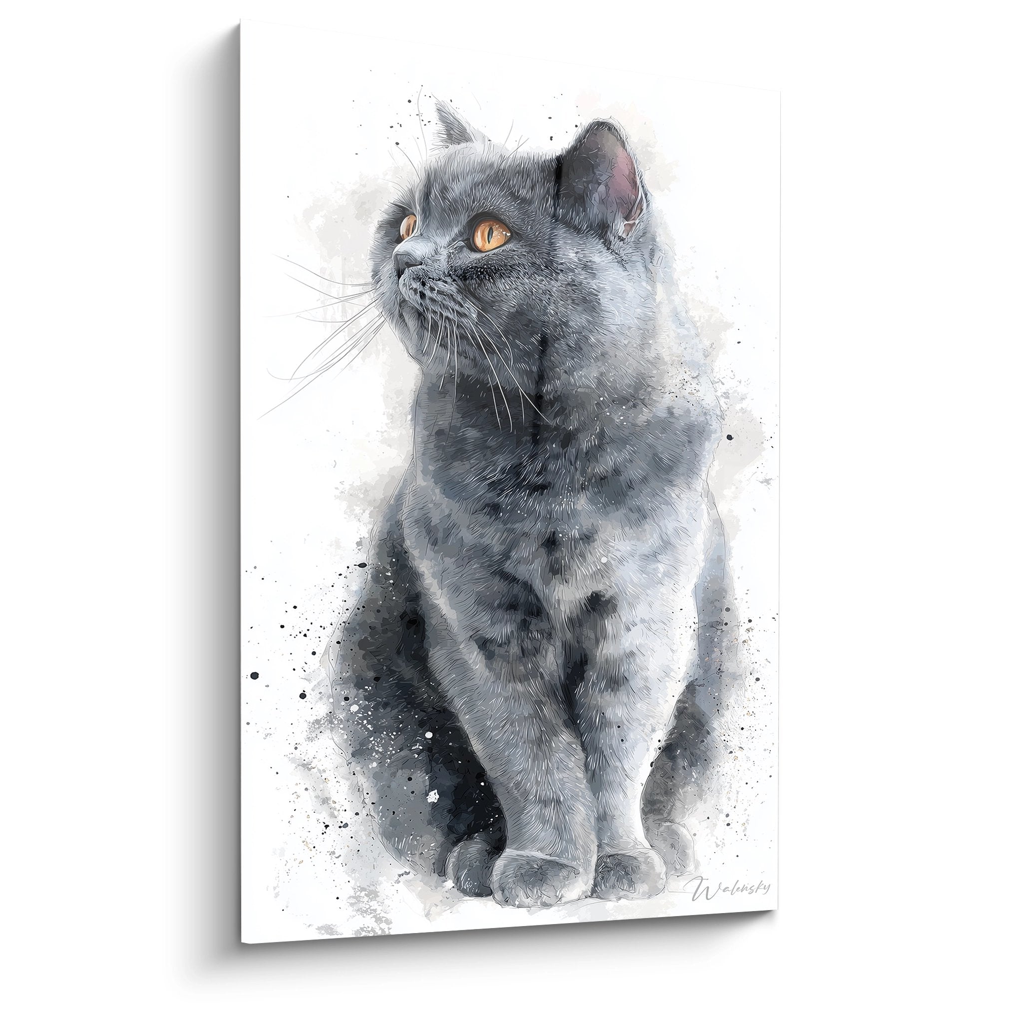 Quadro arte murale gatto British Shorthair grigio sguardo contemplativo stile acquerello moderno decorazione interiore
