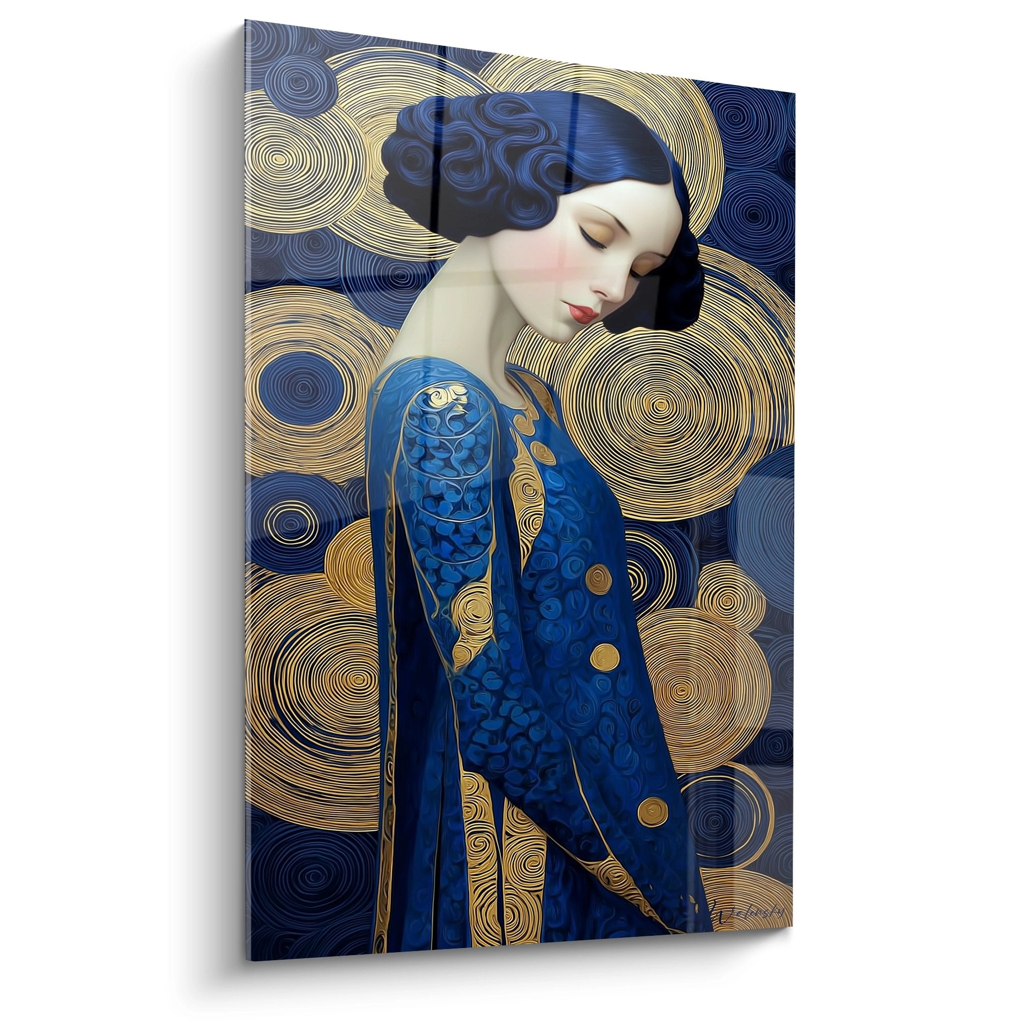 Quadro art déco donna geisha in kimono blu e oro con motivi geometrici dorati su sfondo a spirale