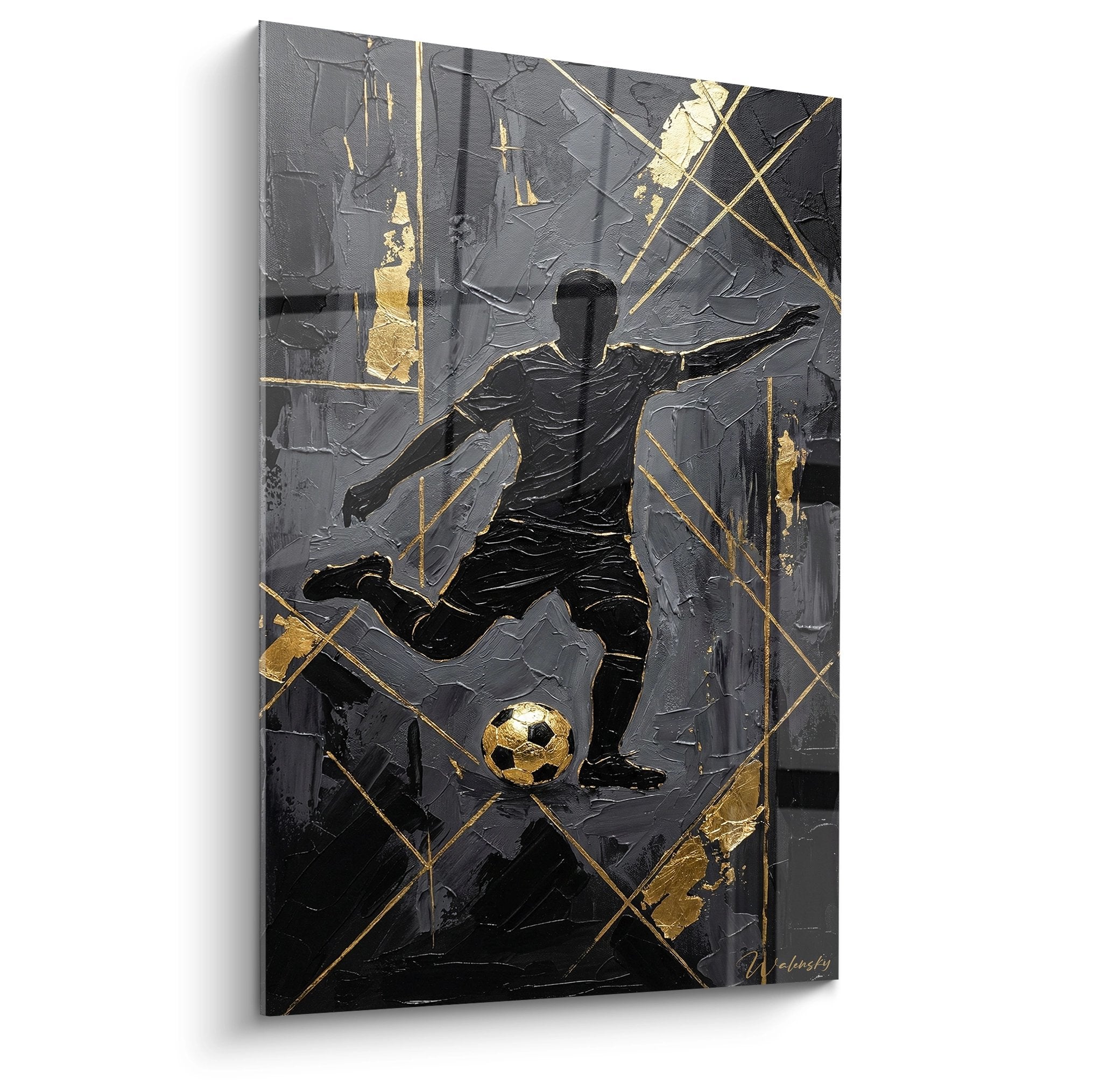 Tableau football abstrait avec footballeur en mouvement, palette gris et doré, style moderne texturé