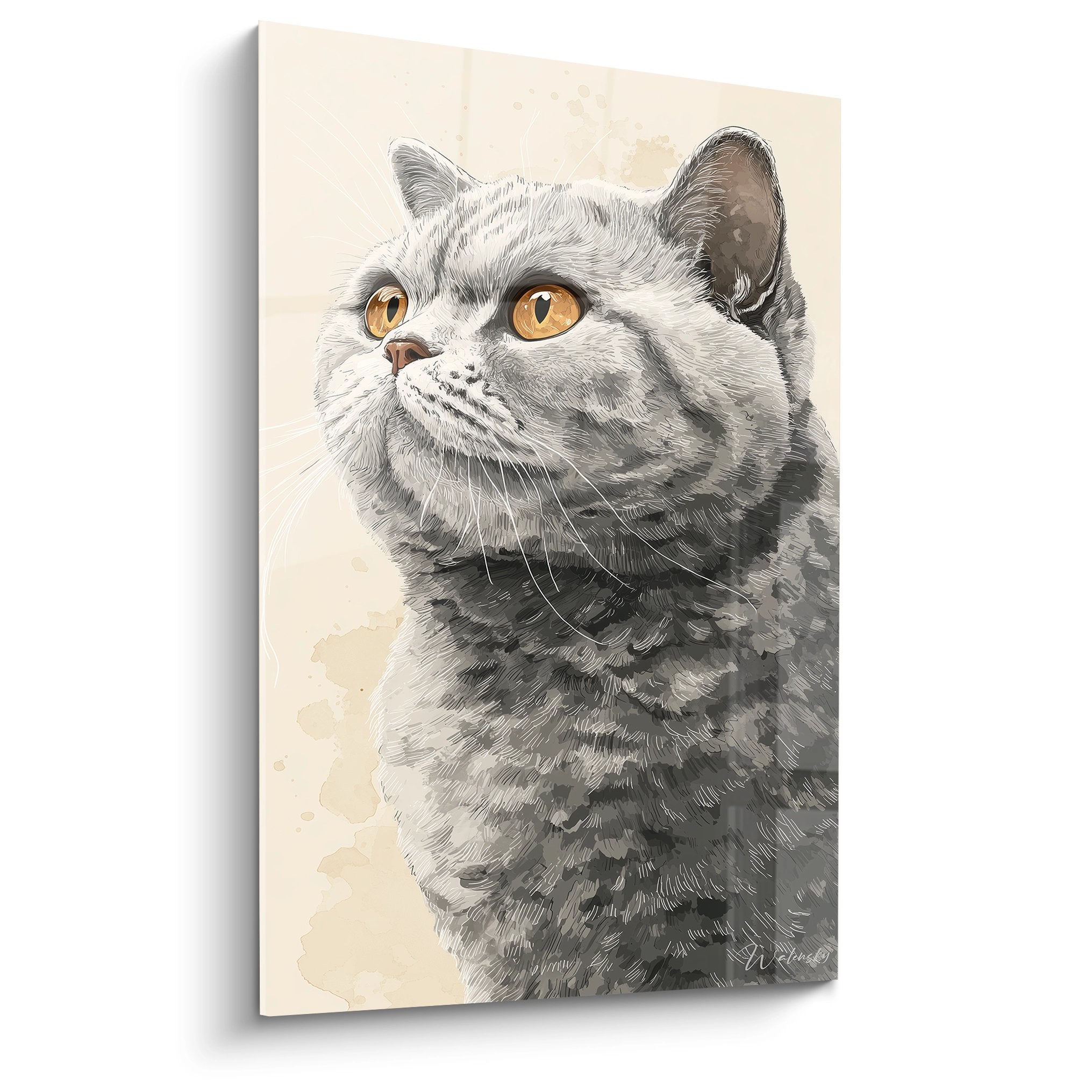 Ritratto artistico gatto British Shorthair grigio con occhi arancioni su tela, elegante decorazione murale felina