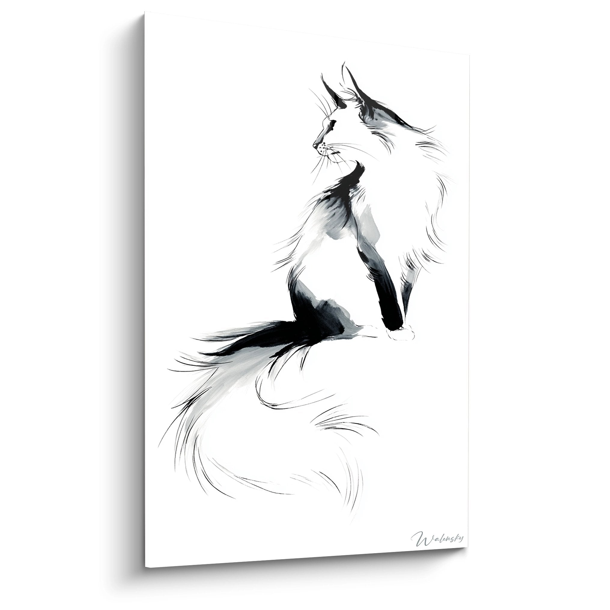 Tableau aquarelle chat Somali noir et blanc en position assise, style artistique minimaliste et élégant