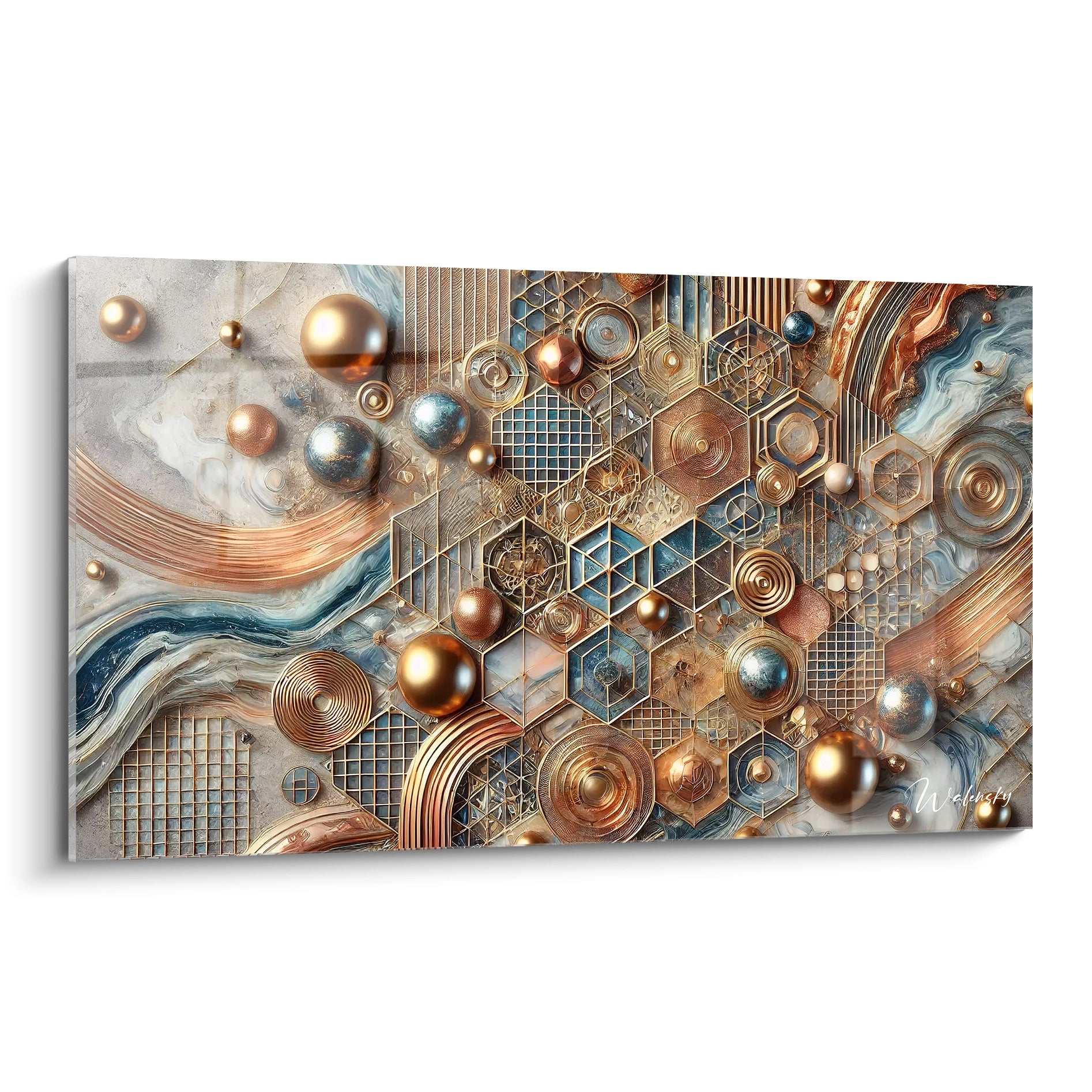 Ce tableau style epoxy combine géométrie et cosmos avec des sphères dorées flottant sur une toile beige et bleue, créant une profondeur saisissante et un équilibre parfait entre chaos et structure.