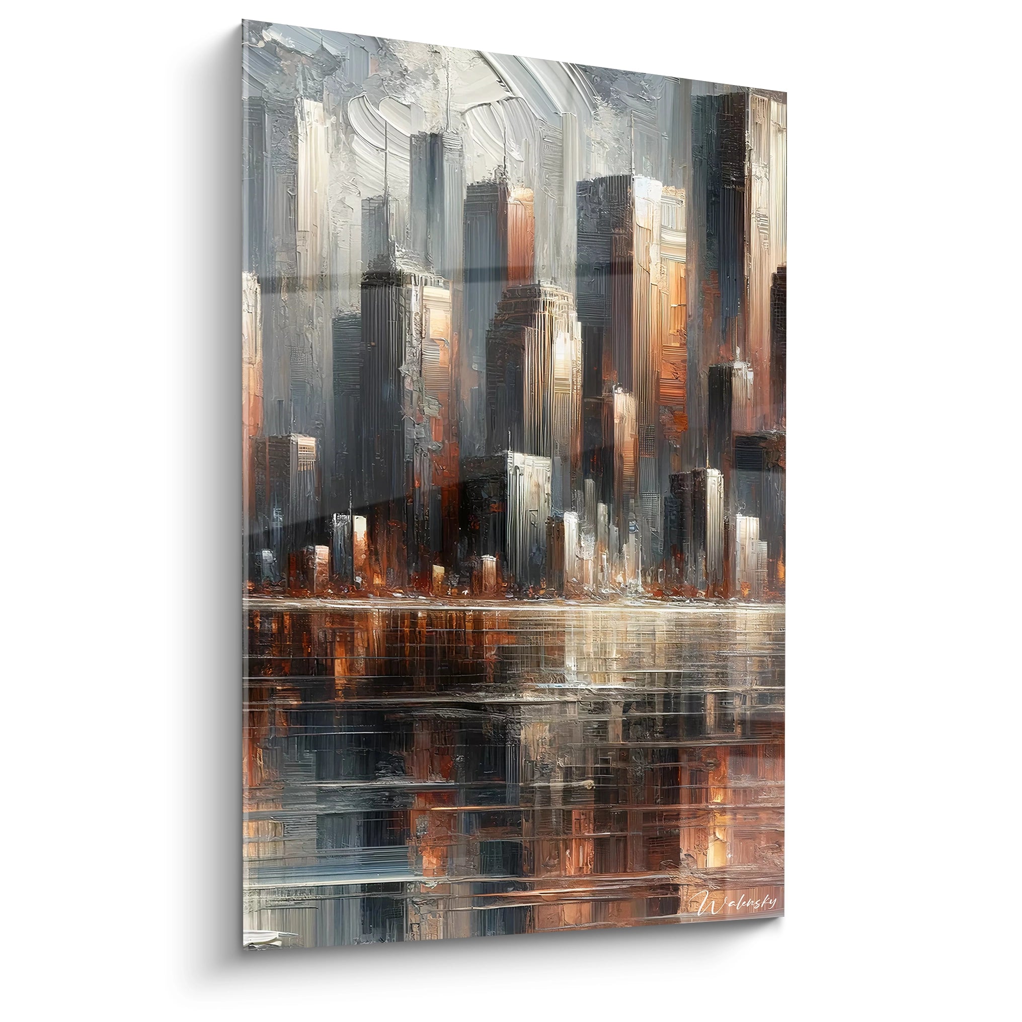 Tableau abstrait représentant une skyline urbaine avec reflet dans l'eau. Composition verticale de gratte-ciels stylisés aux formes rectangulaires. Palette de couleurs contrastées alliant noir profond, gris acier, blanc éclatant et orange cuivré. Texture en relief avec empâtements visibles et coups de couteau créant une impression de structures architecturales.