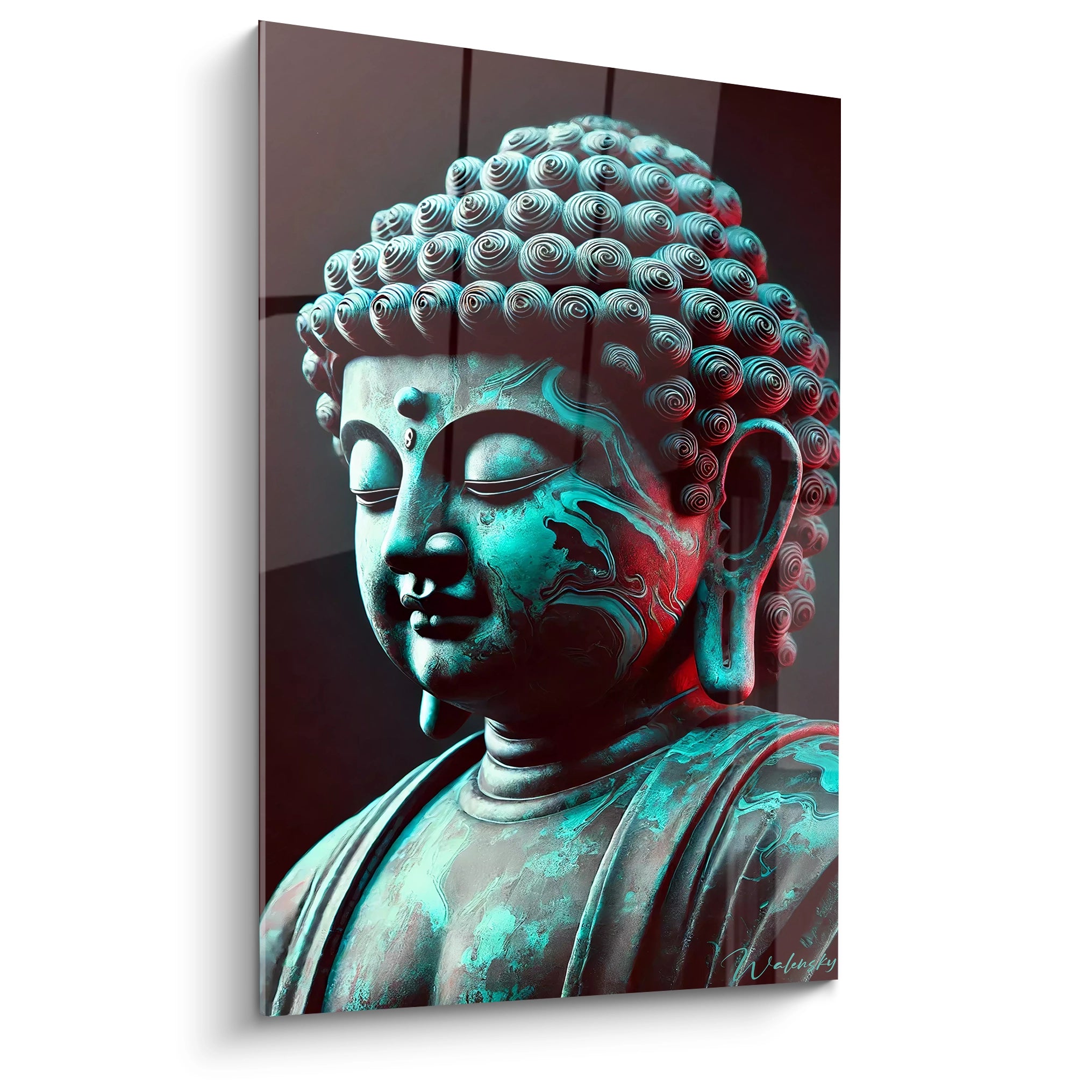 tableau zen presentation biais couleurs turquoise rouge noir textures fluides lumiere traits apaisants bouddha inspire paix interieure et harmonie profonde entre calme et energie