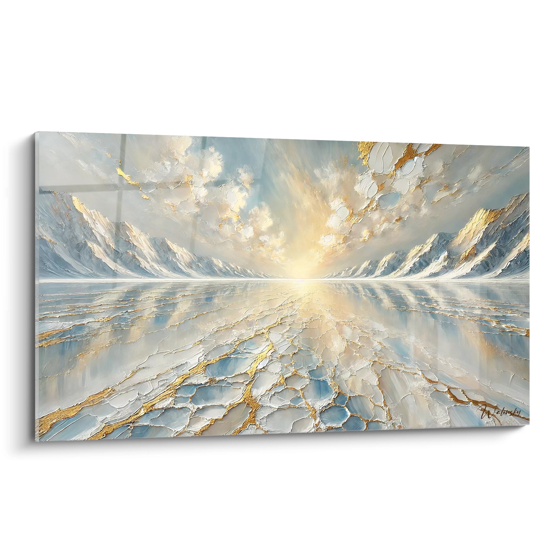 Tableau oeuvre paysagere capture l horizon glacial fondant dans le ciel avec des montagnes majestueuses vue de biais texturee pour un effet onirique et ethere