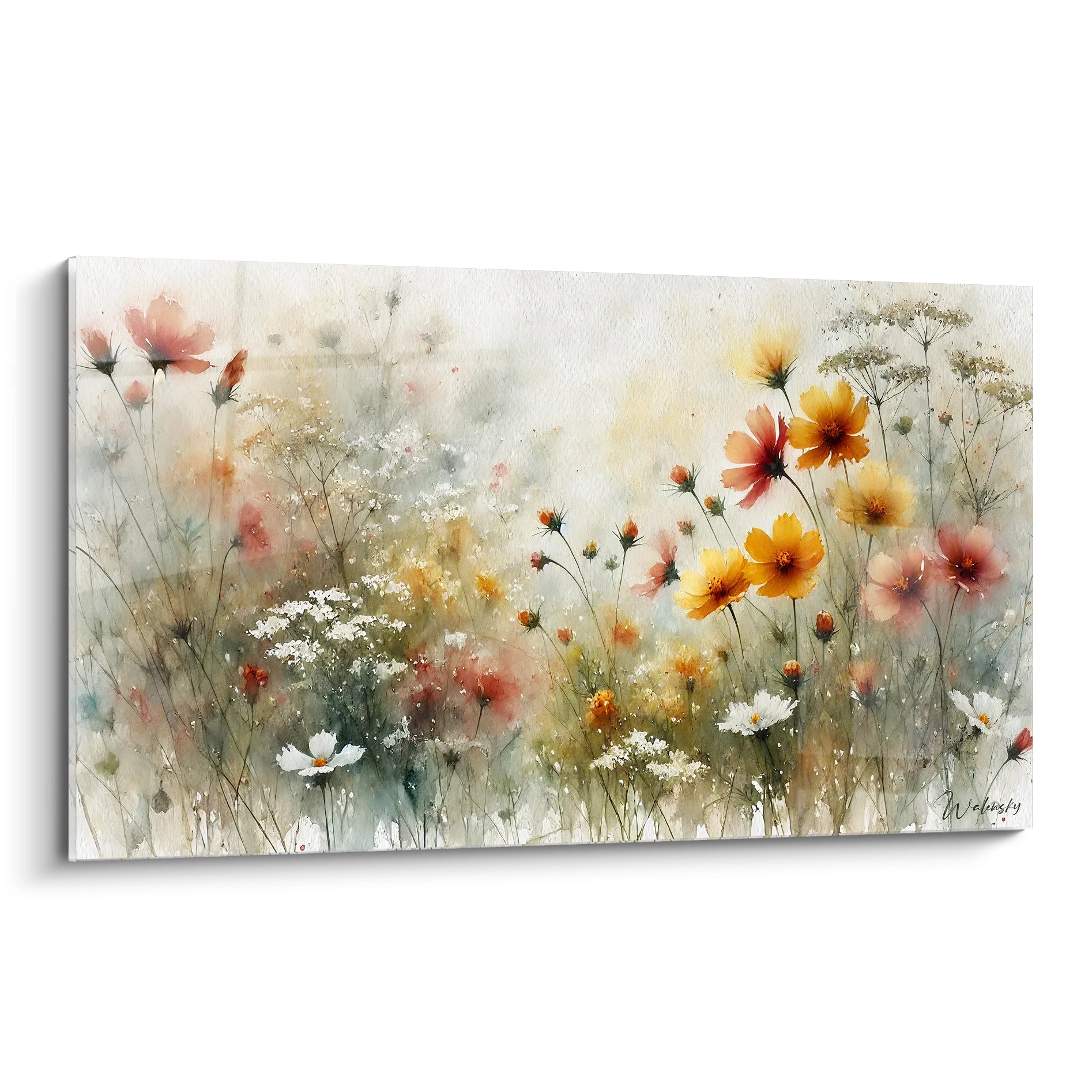 Tableau Fleur vu de biais, capture la danse des fleurs sauvages dans une harmonie de couleurs et de textures, evoquant la serenite de la nature printaniere. Parfait pour une decoration poetique.