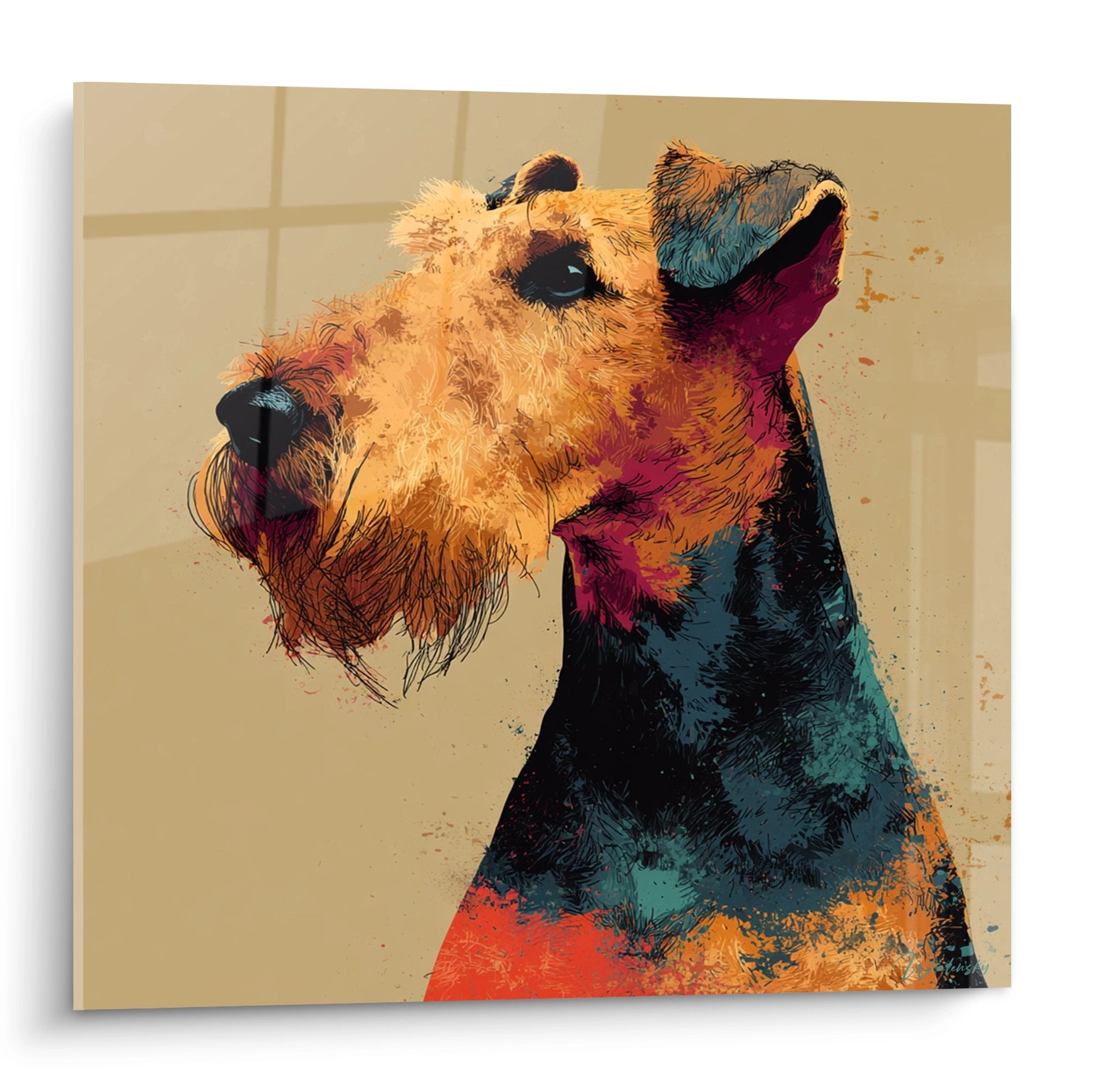 Künstlerisches farbiges Porträt eines Airedale Terriers im Profil mit lebhaften Farbspritzern auf beigem Hintergrund