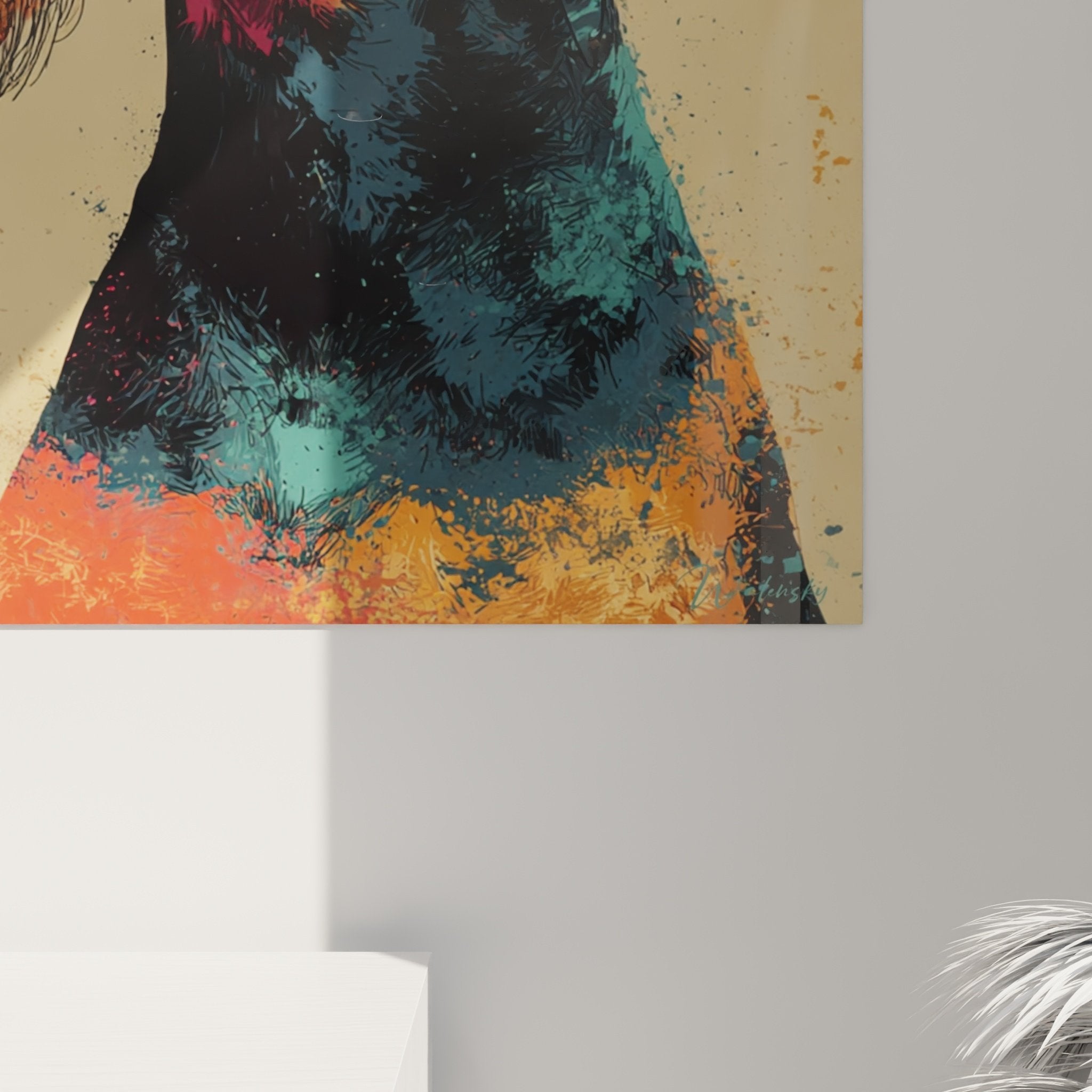 Übersicht des farbigen Airedale Terrier Gemäldes in einem modernen Interieur mit Ambienteleuchtung