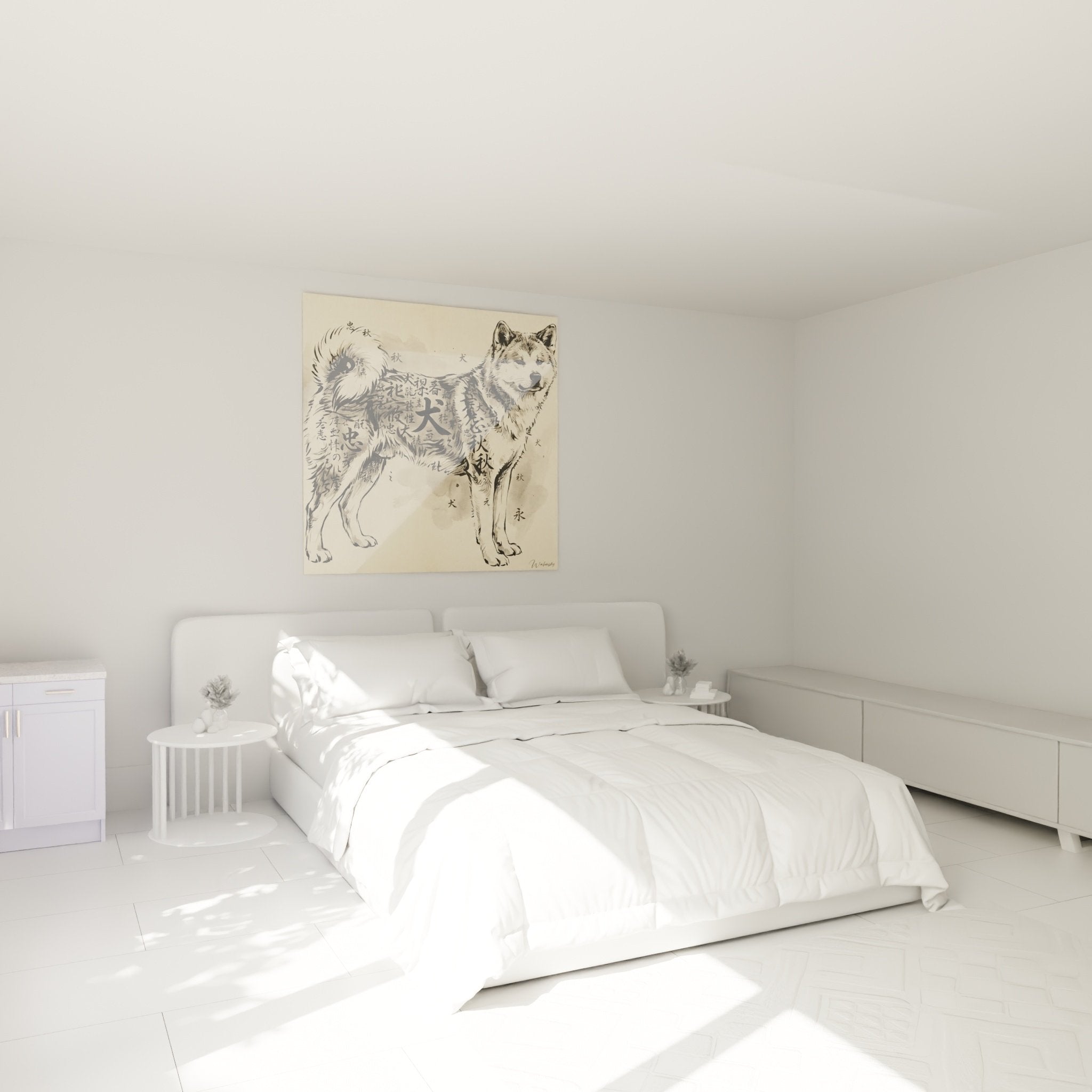 Tableau chien japonais avec idéogrammes décorant une chambre aux tons neutres