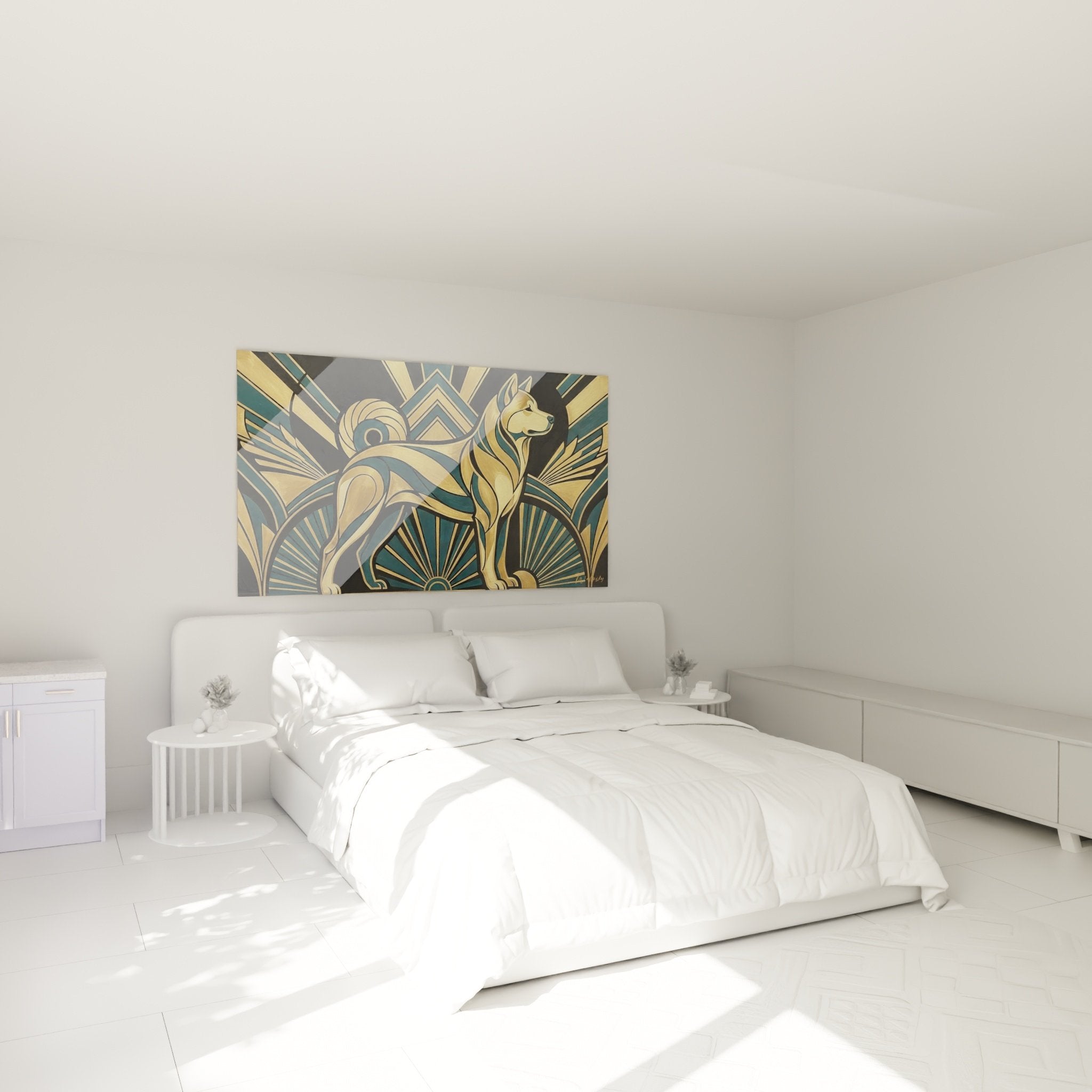 Arte Akita Inu art déco dorato turchese quadro parete camera arredamento geometrico elegante