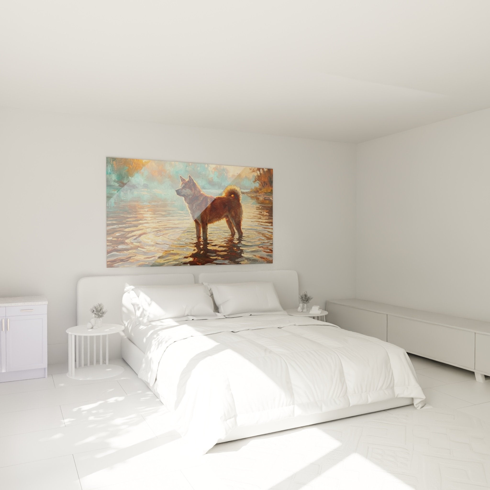 Tableau Akita Inu dans l'eau tons orange turquoise accroche au mur chambre deco murale