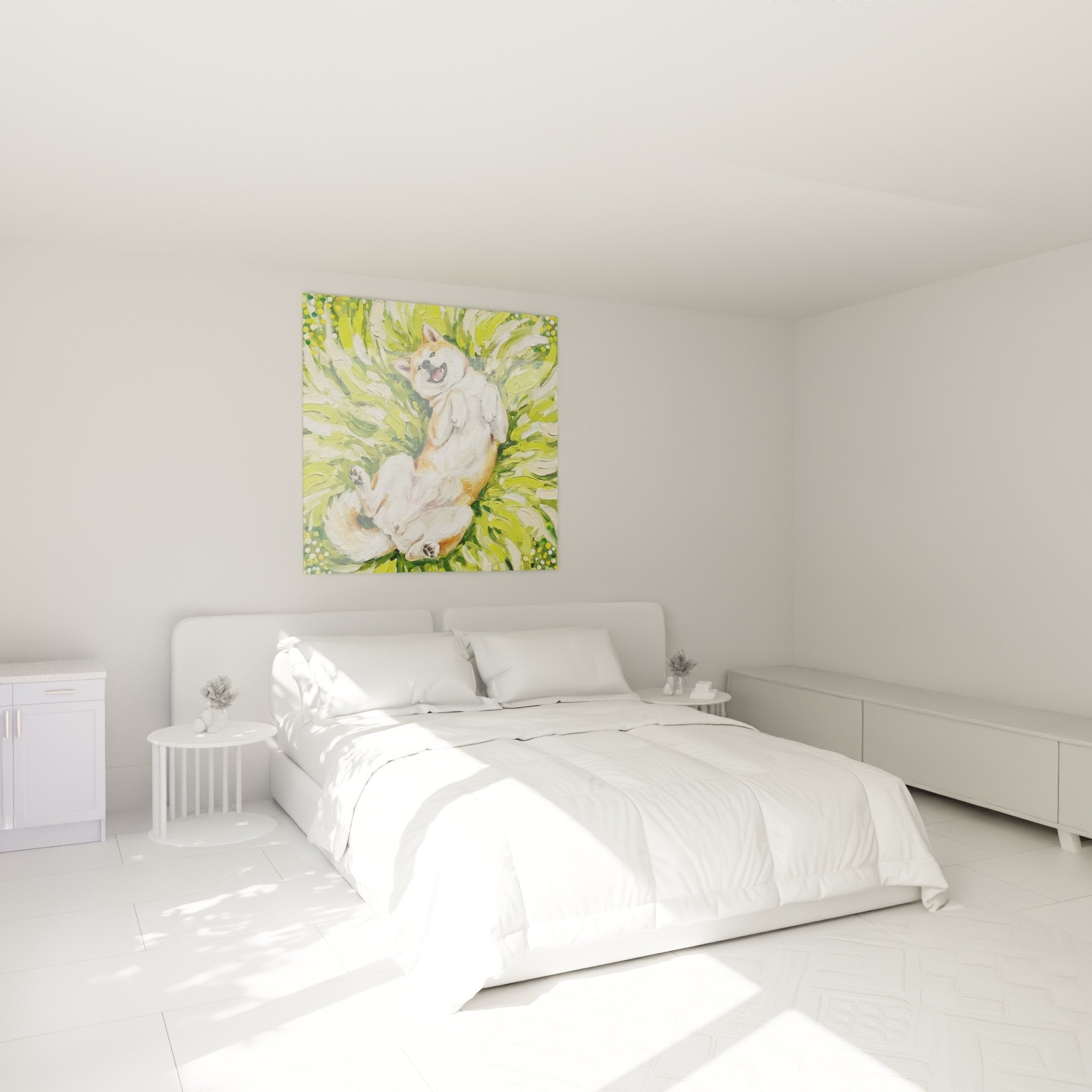 Tableau Akita Inu euphorique dans chambre moderne avec murs clairs et mobilier bois naturel
