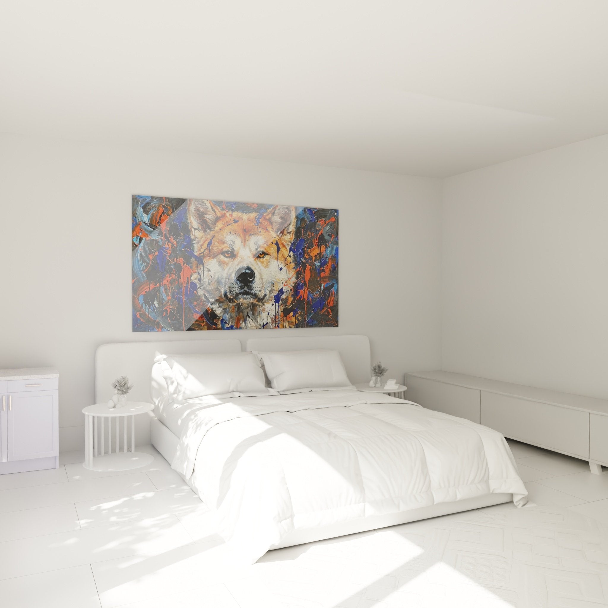 Portrait Akita Inu expressionniste couleurs vives dans chambre moderne décoration murale art contemporain canin