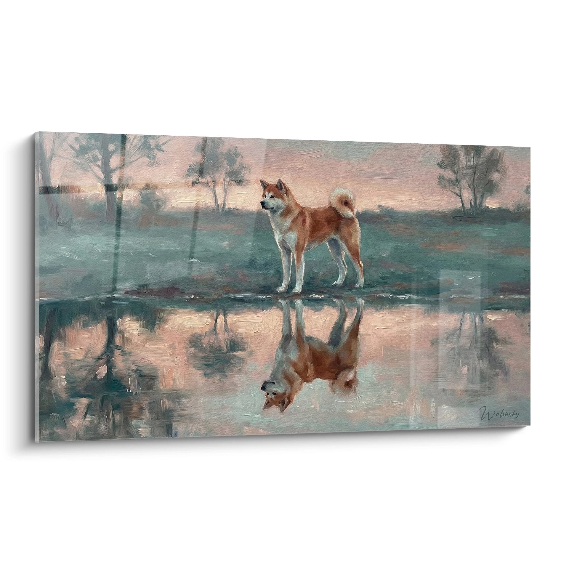 Red and white Akita Inu painting by the waterside with reflections, pink morning sky, zen and contemplative atmosphere