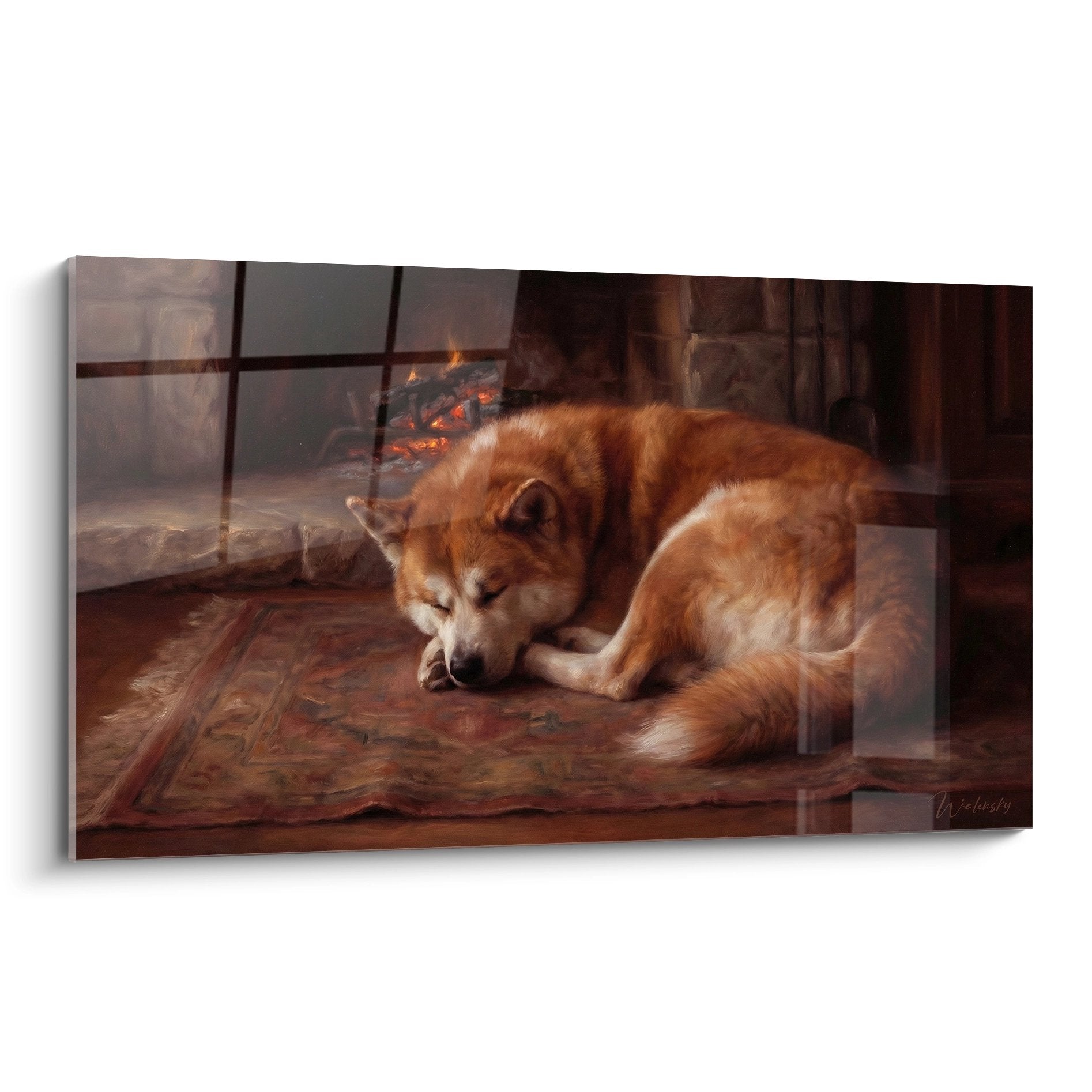 Tableau d'un Akita Inu roux allongé paisiblement sur un tapis persan près d'une cheminée aux tons dorés