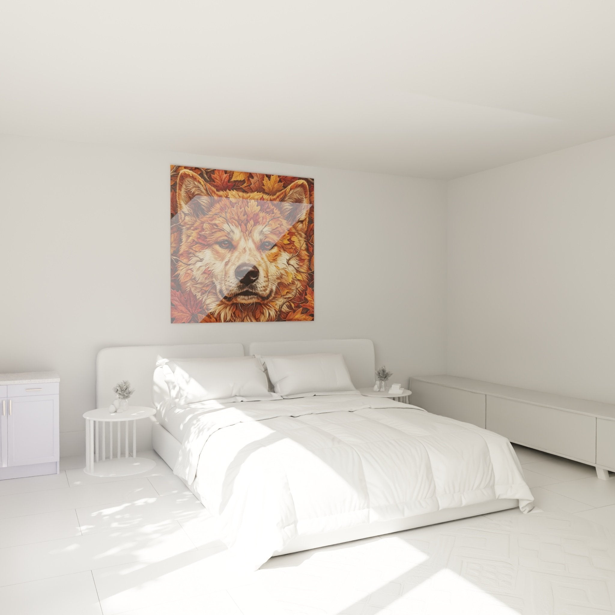 Quadro Akita Inu autunnale installato in camera moderna con decorazione toni caldi e arredamento in legno